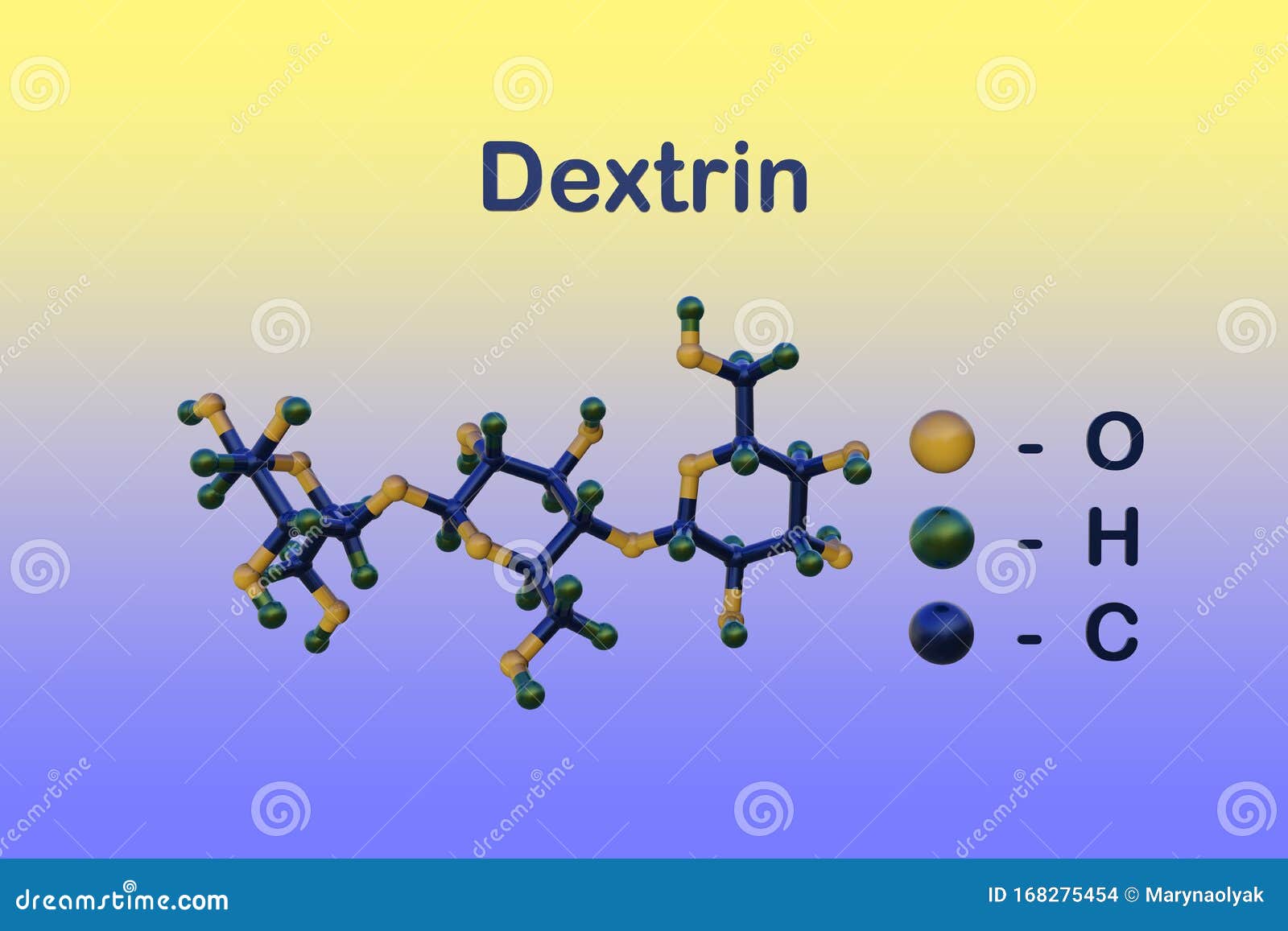 Molecular model of dextrin or maltodextrin, a polysaccharide that is used as a food additive. 3d illustration