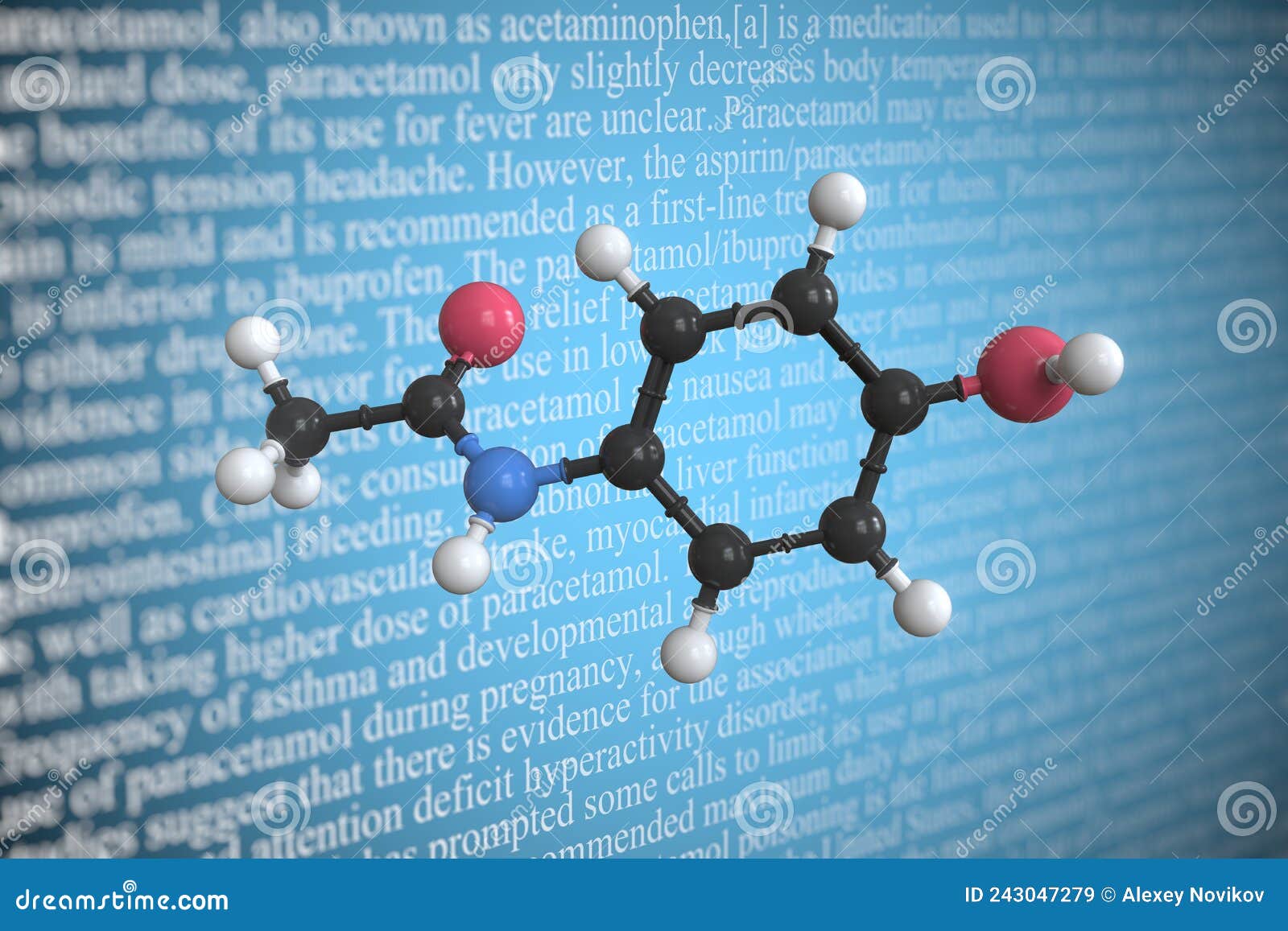 Molecular Model of Acetaminophen, 3D Rendering Stock Illustration