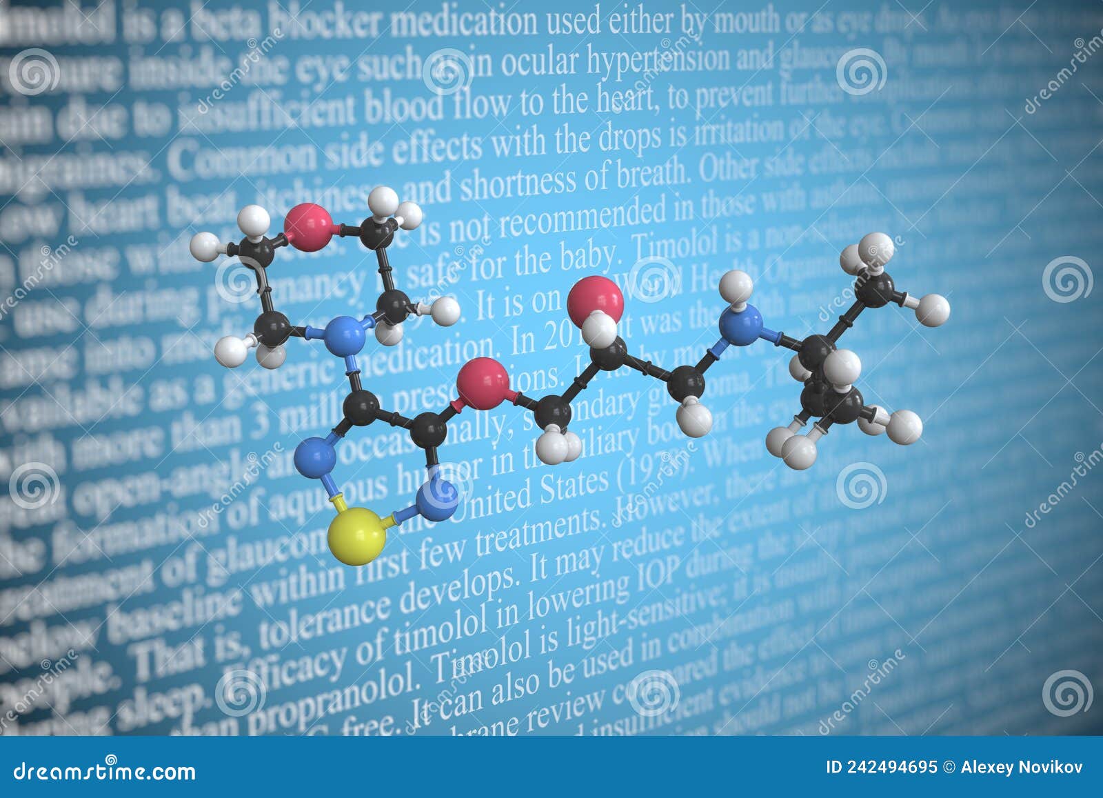 timolol scientific molecular model, 3d rendering