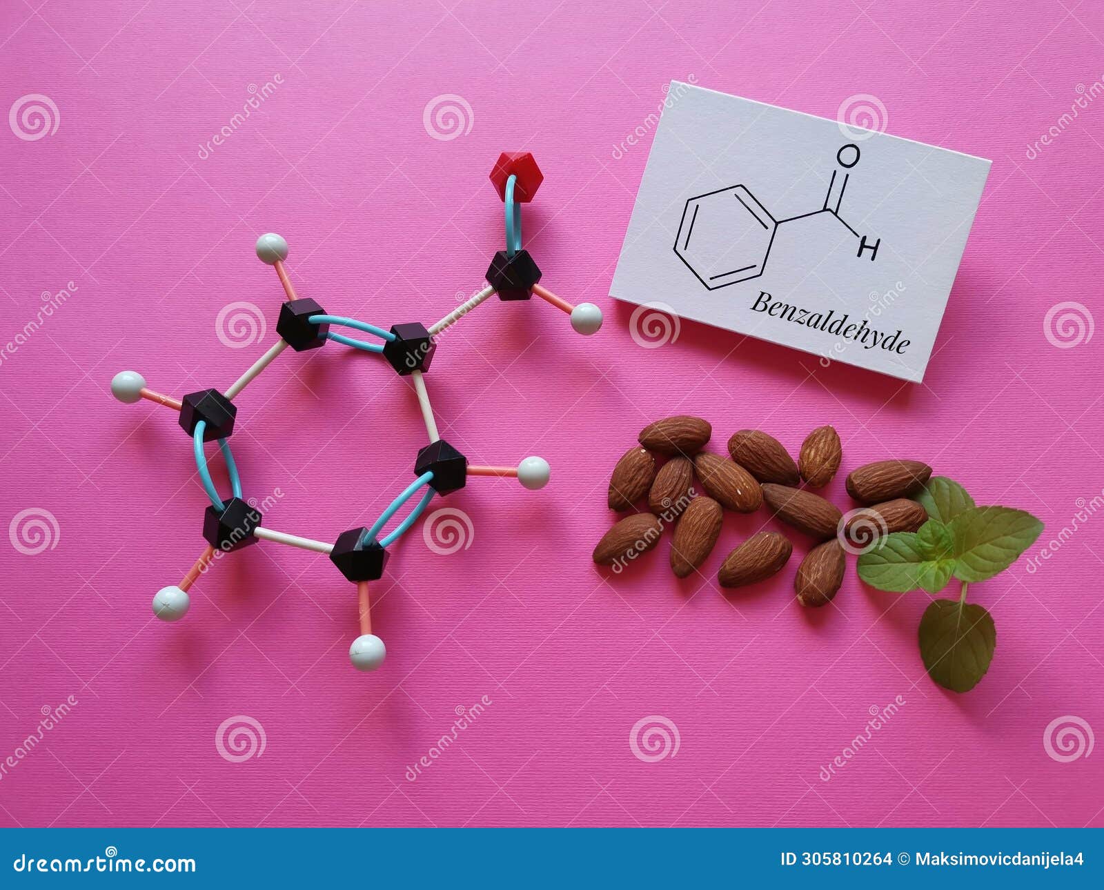 molecular structure model and chemical formula of benzaldehyde. benzaldehyde is naturally found in almonds.