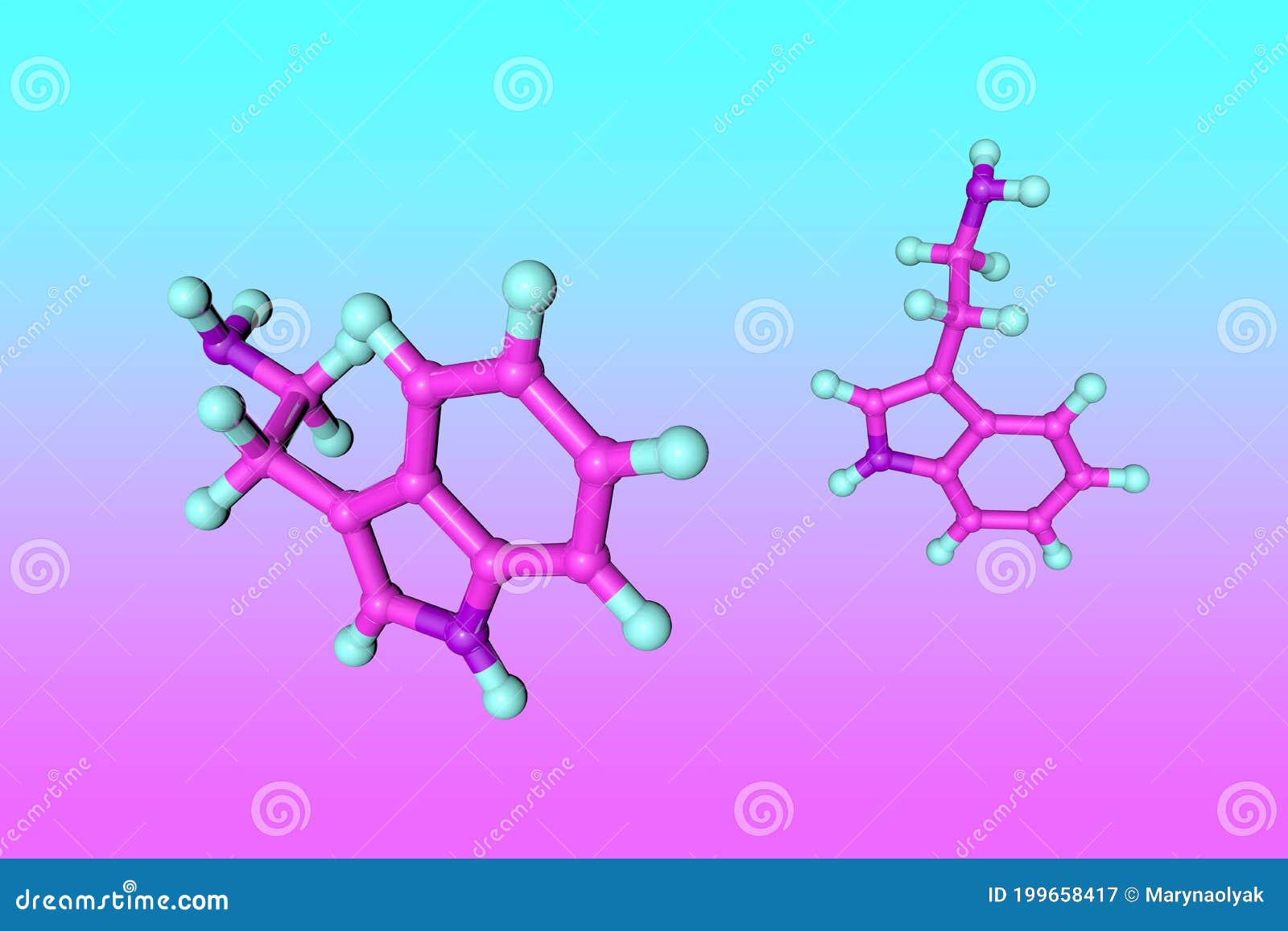 molecular model of tryptamine, a monoamine alkaloid, structurally similar to the amino acid tryptophan. scientific