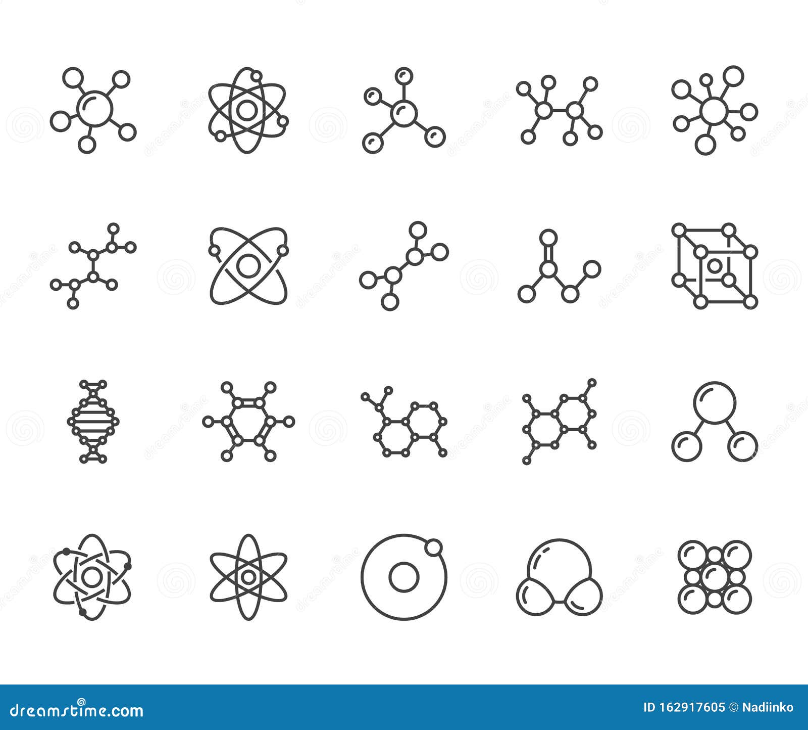 molecule flat line icons set. chemistry science, molecular structure, chemical laboratory dna cell protein 