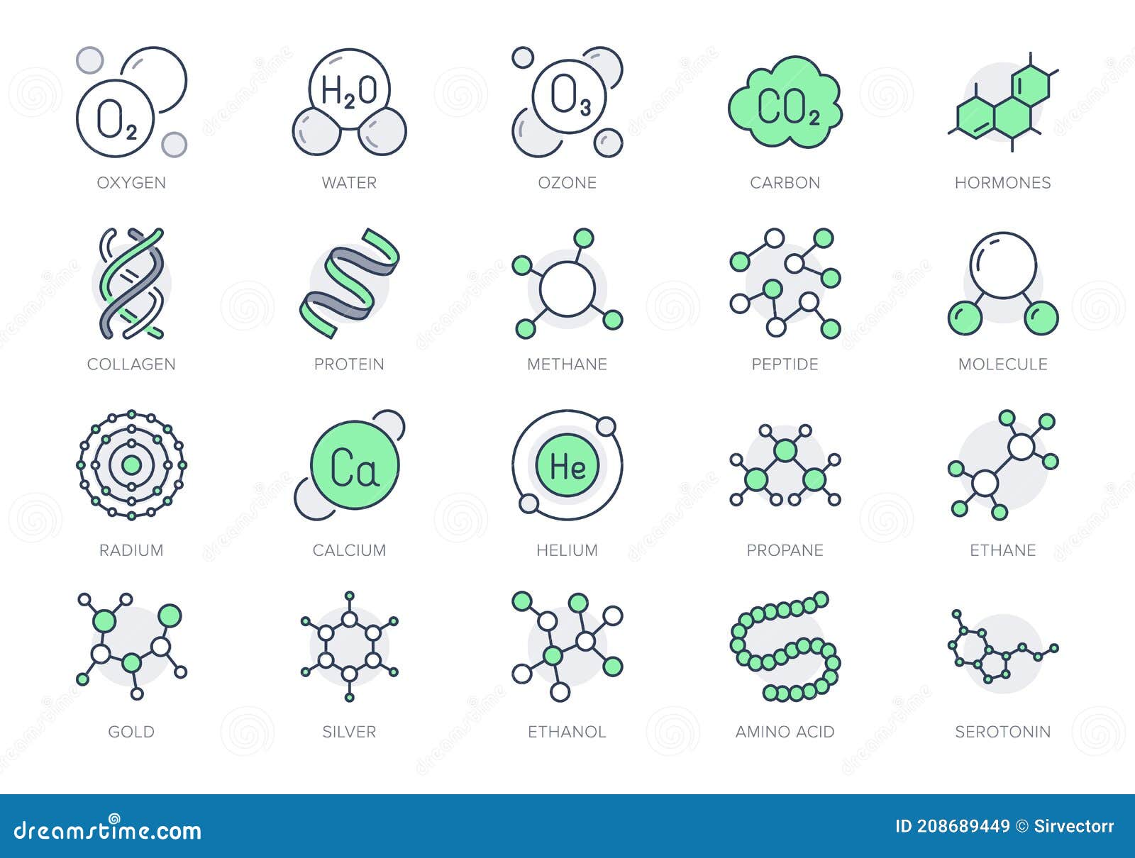 molecule line icons.   included icon amino acid, peptide, hormone, protein, collagen, ozone, o2