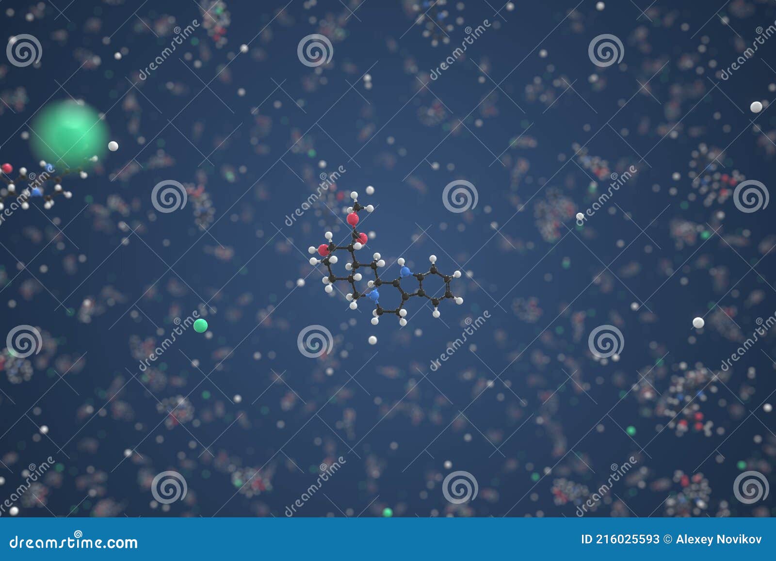 yohimbine hydrochloride molecule, ball-and-stick molecular model. chemical 3d rendering