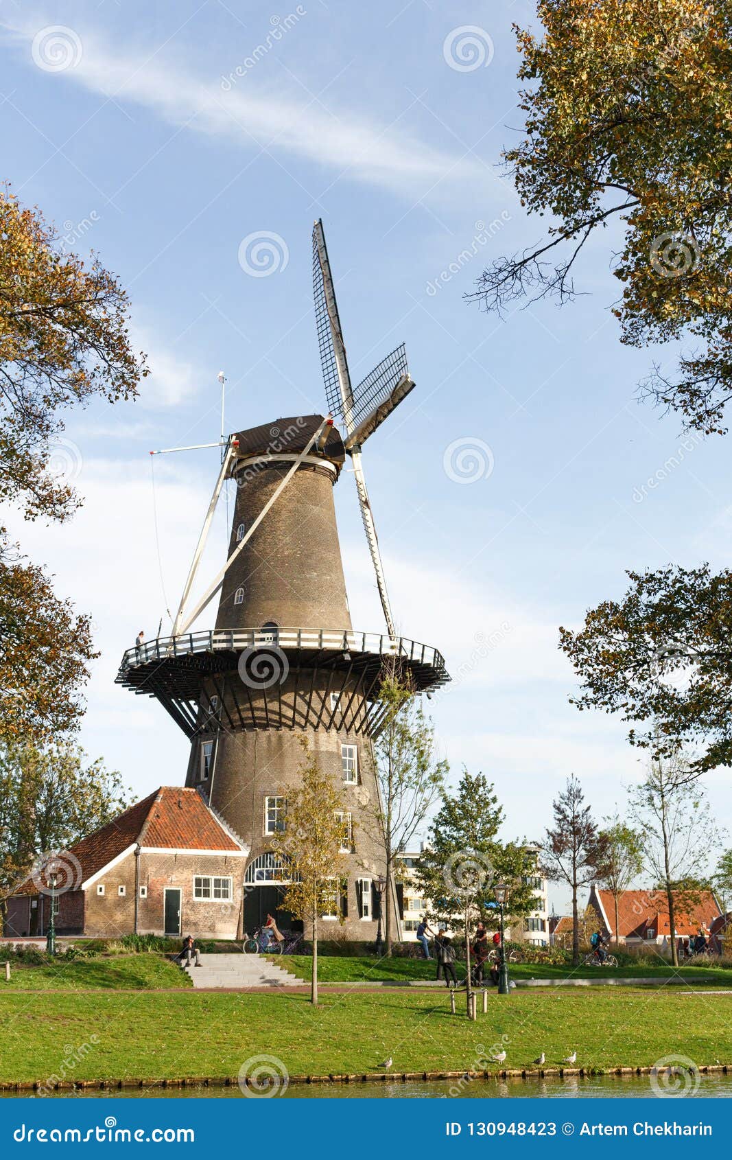 Molen De Valk Windmill At Leiden Netherlands Sunny Day And Sky With Clouds Stock Image 