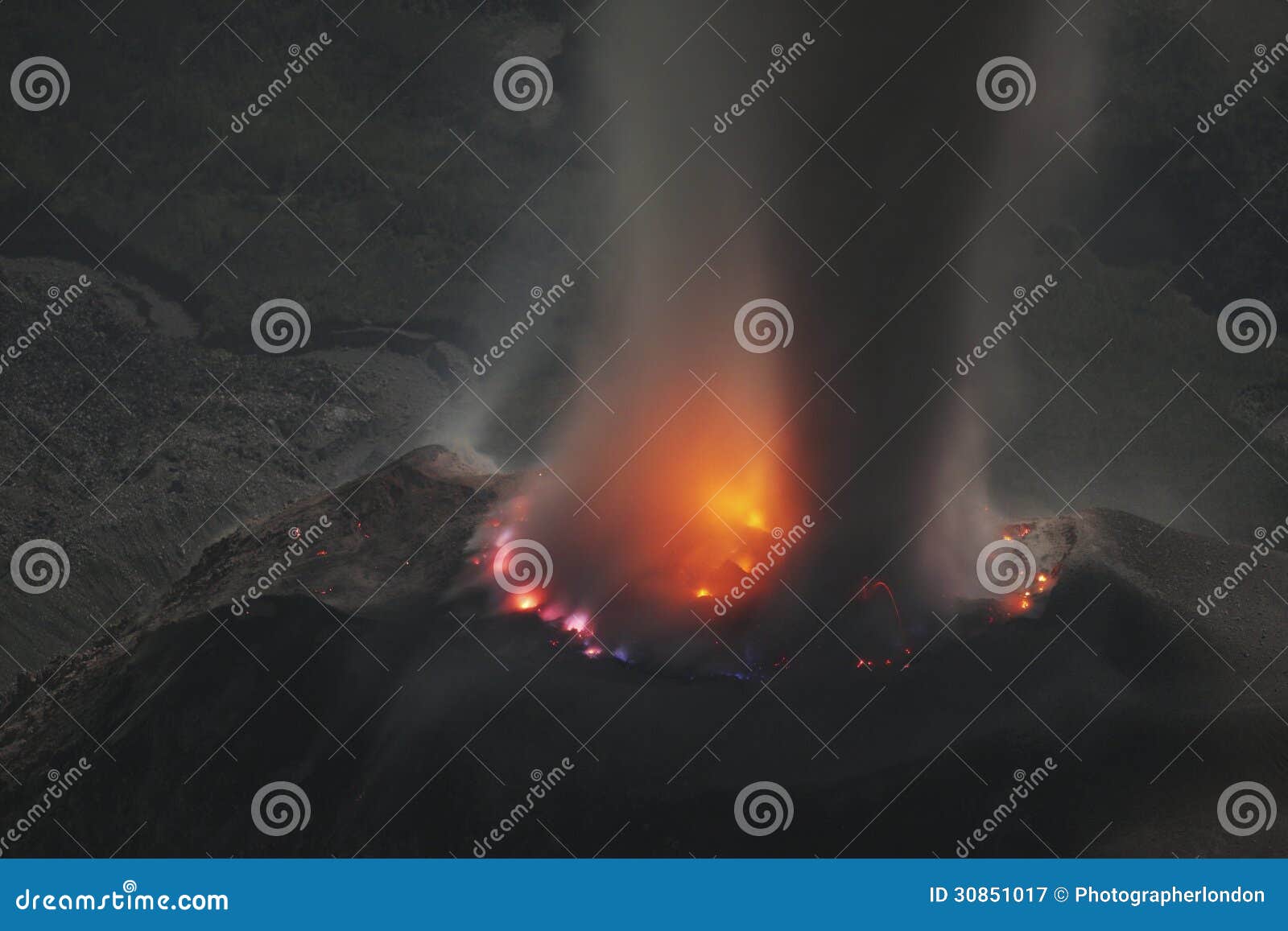 molten lava glows in volcanic crater of santiaguito santa maria guatemala