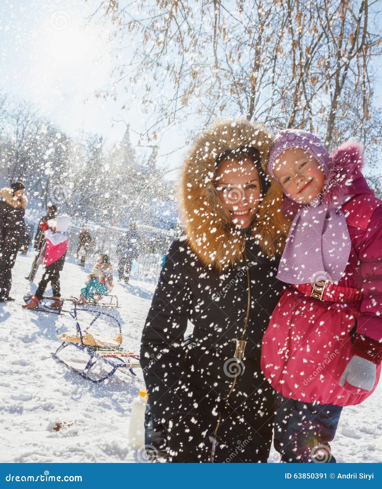 Mom and Daughter in the Park Under Falling Snow Stock Image Image of