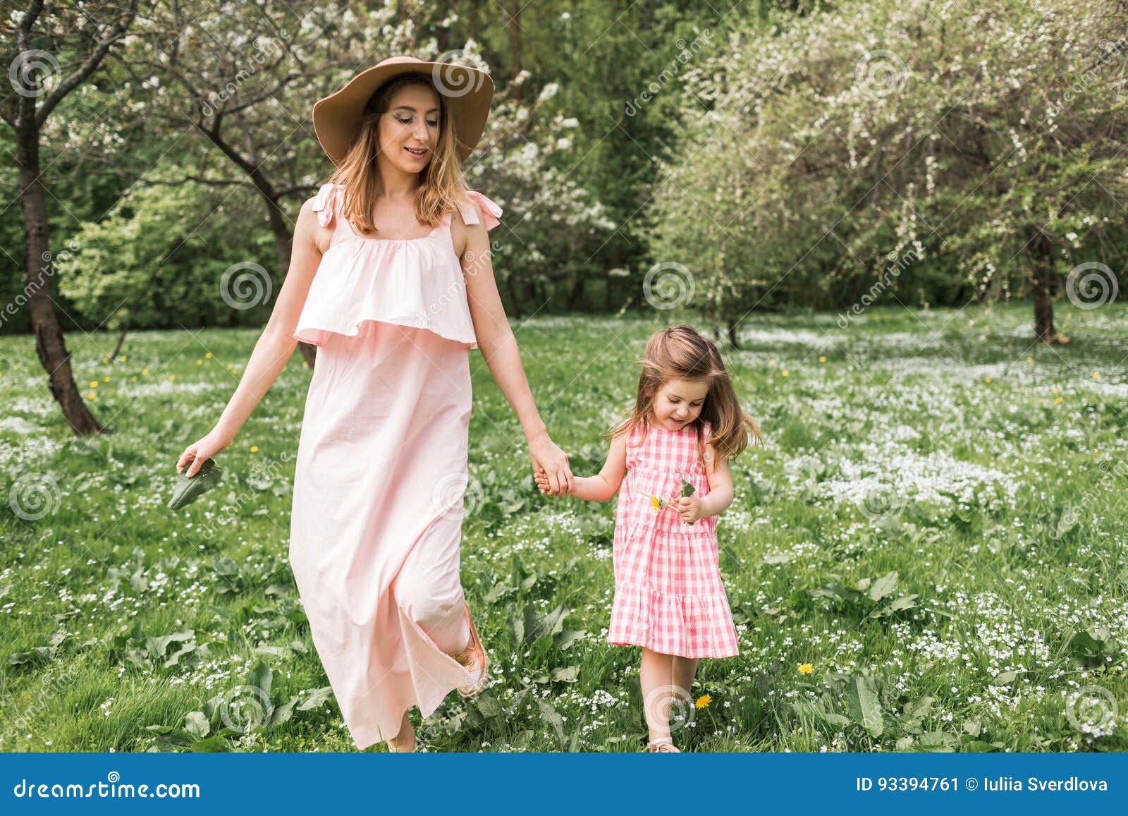 Mom And Daughter Are Walking In Garden Stock Image Image Of Dress Cherry 93394761 