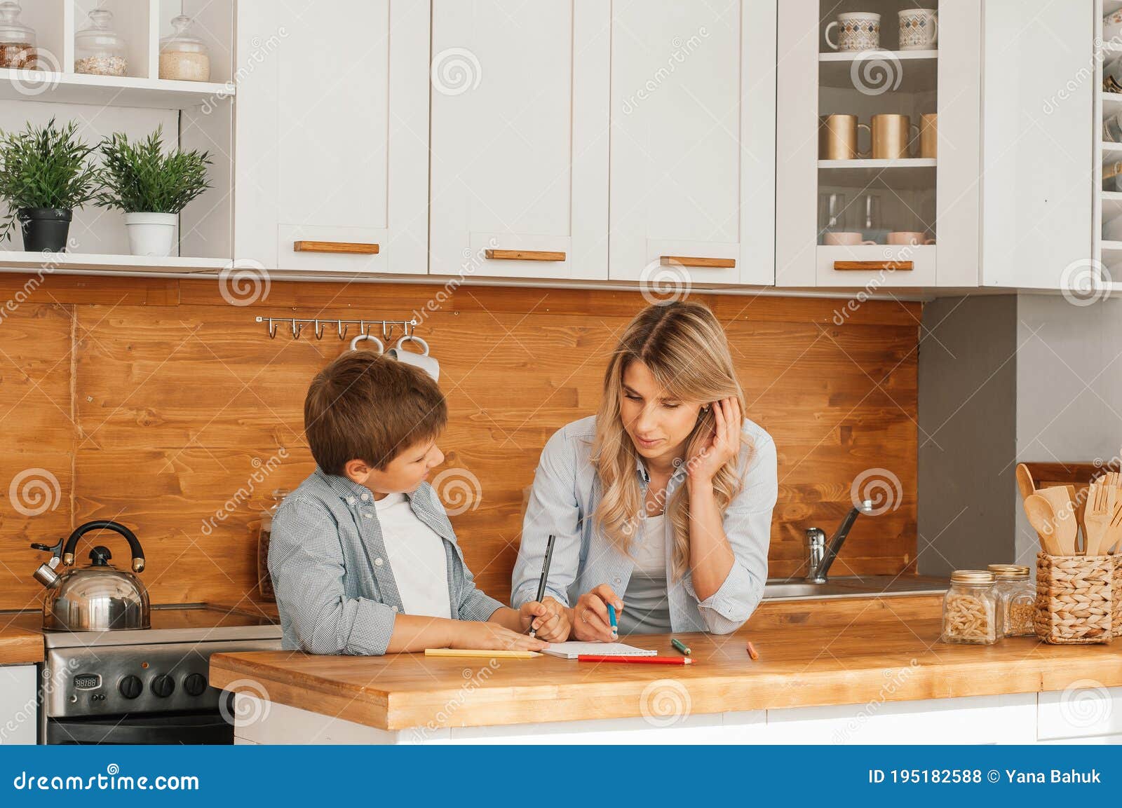 Mom Helping Little Boy To Do Homework Mother And Son Drawin