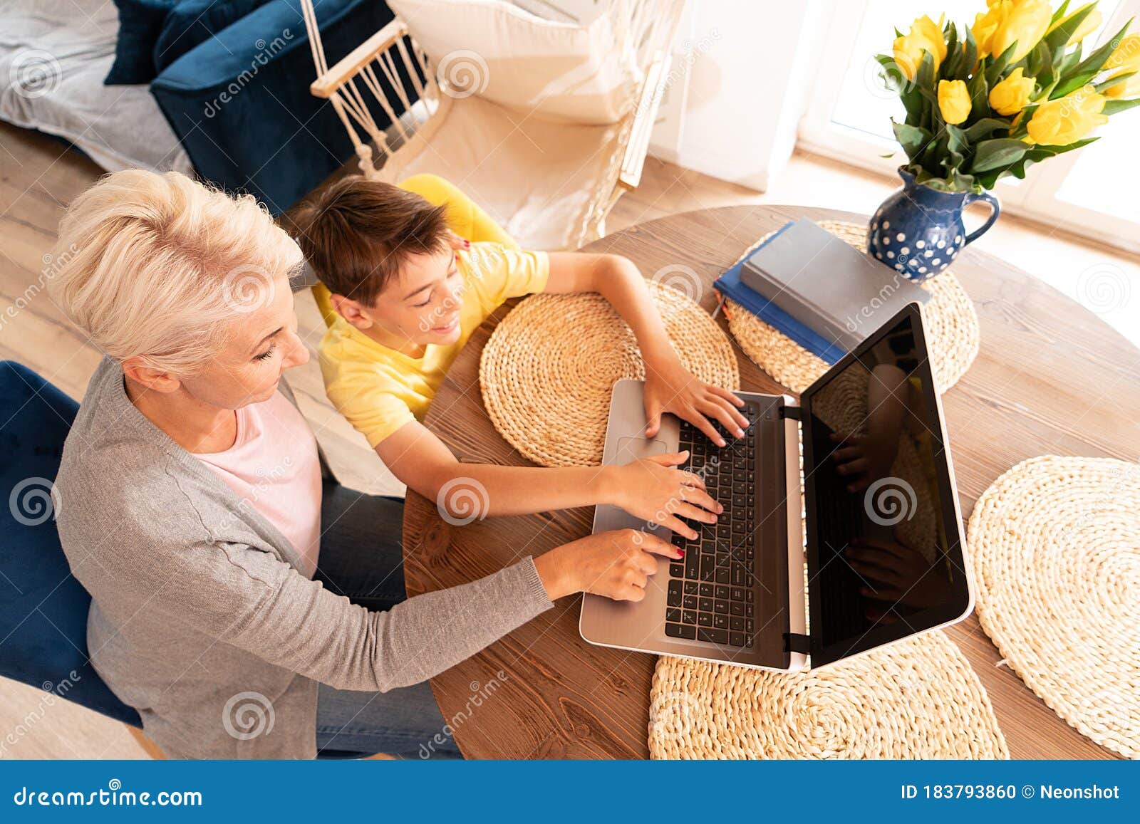 Mom Helping Son With Online Lesson Stock Photo Image Of People Child