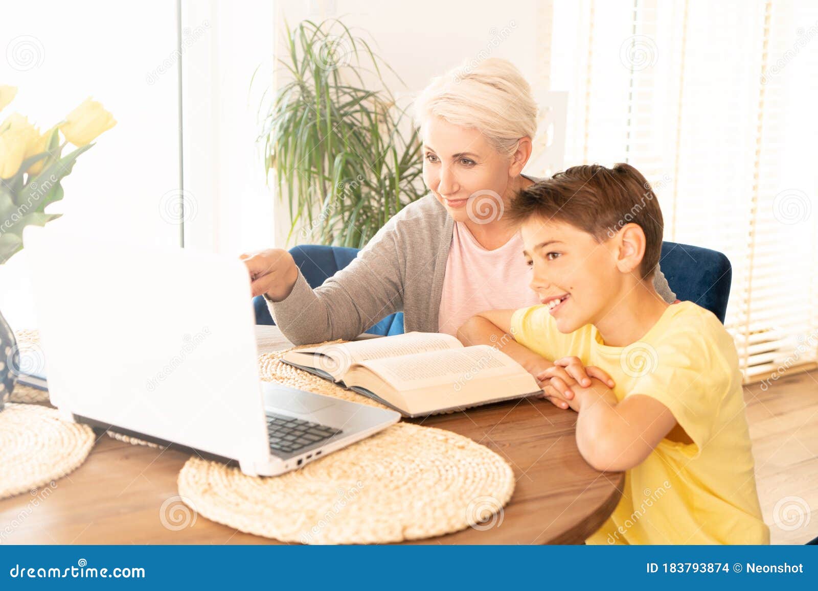 Mom Helping Son with Online Lesson Stock Photo - Image of preschooler