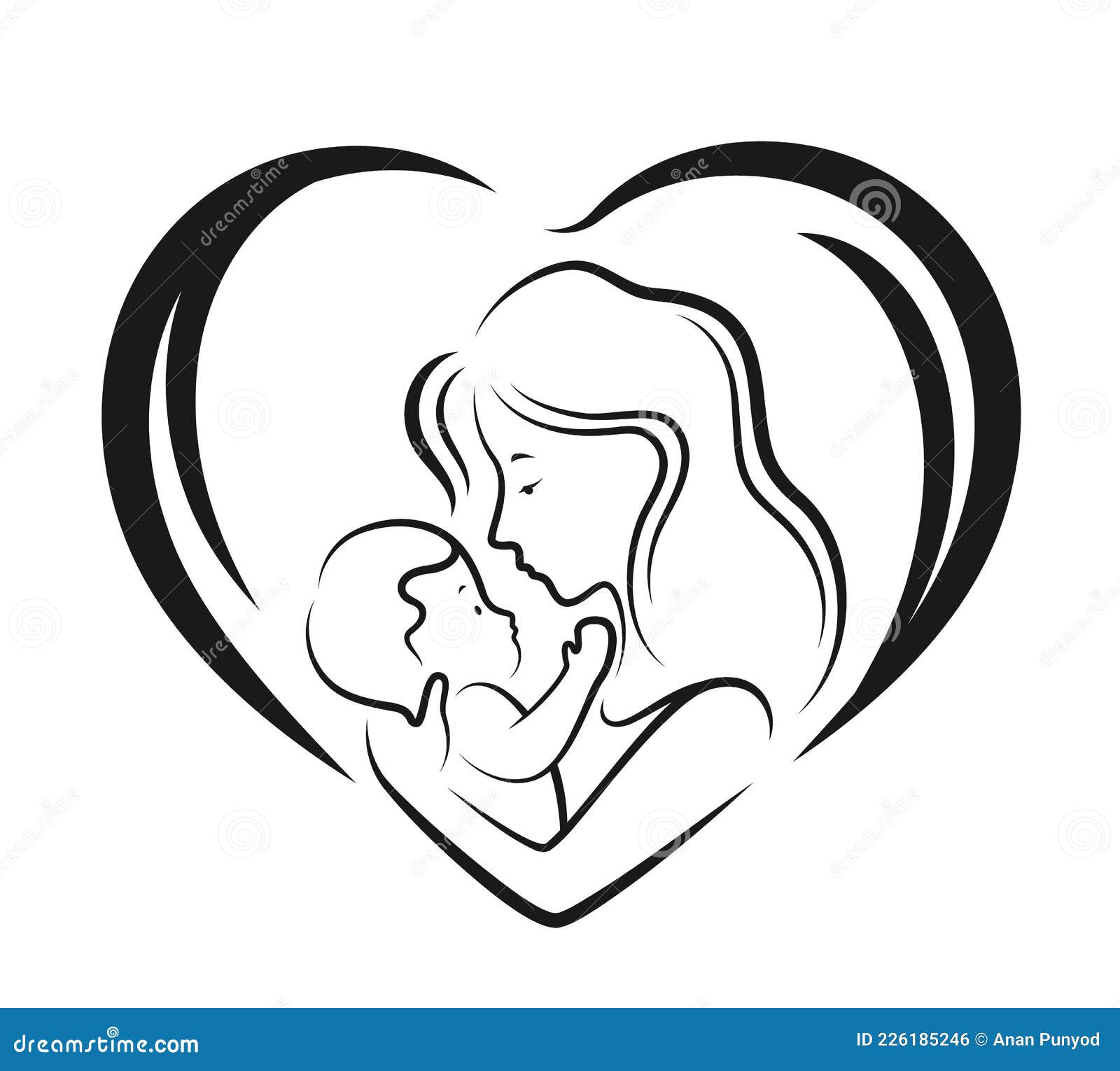 Mom Hug and Hold Baby in Heart Sign with Abstract Drawing Line Style ...