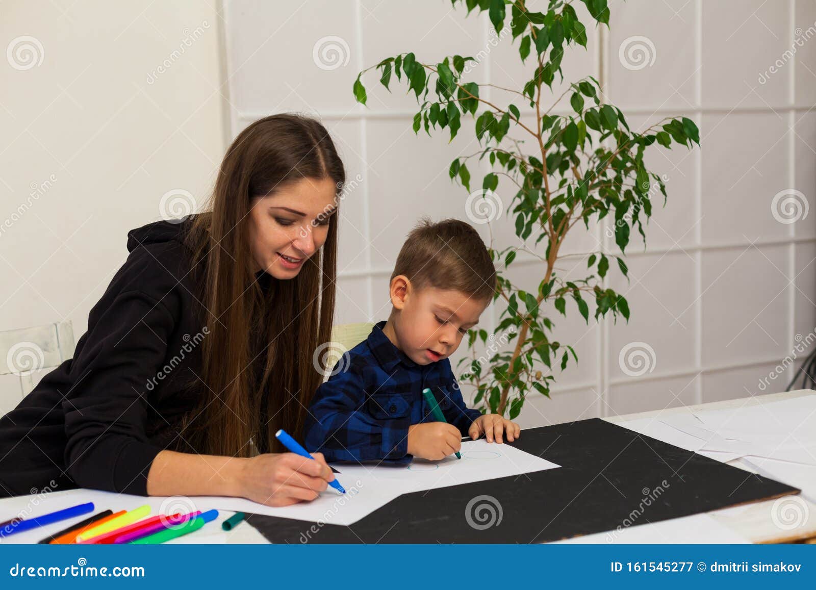 Mom With A Little Boy Learn To Draw Markers Stock Image Image Of