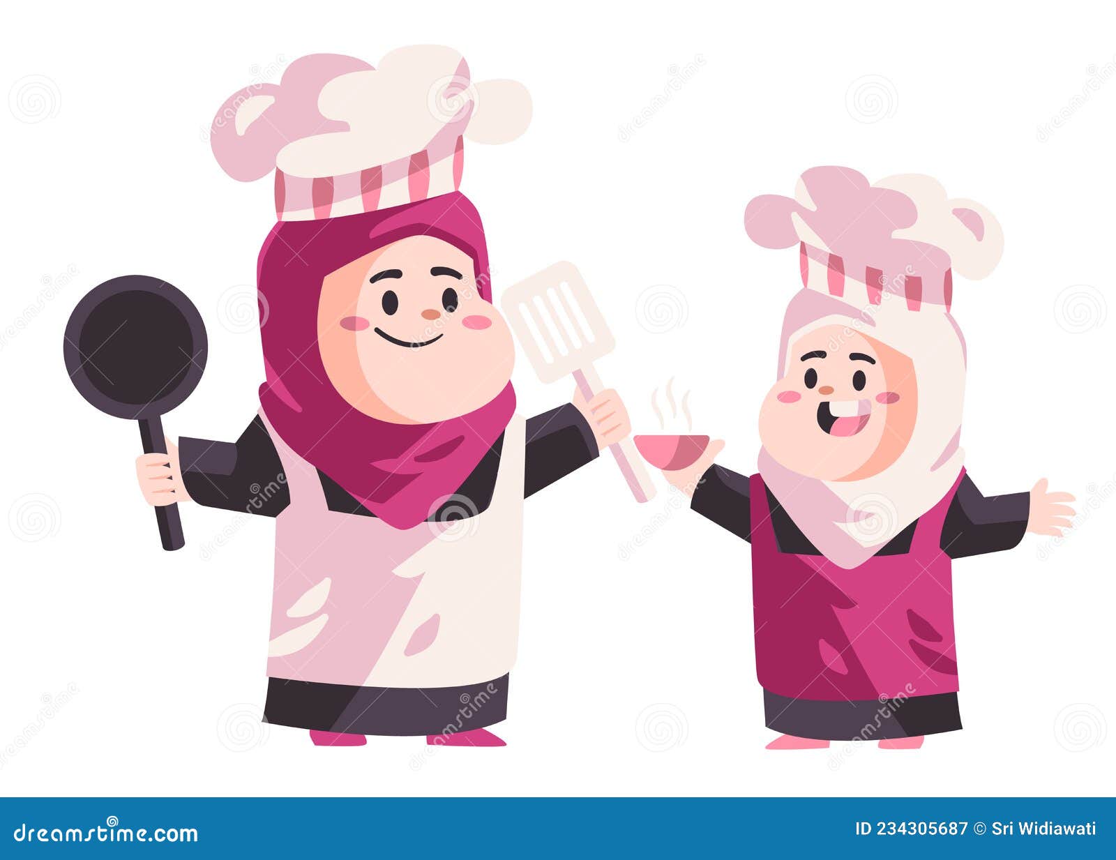 mom mother and childreen using pink apron and hat hold on kitchen utensils prepare cooking class modern flat background 