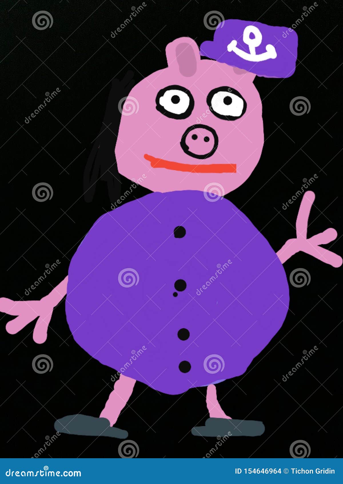 Mom Pig in a Blue Suit and a Sea Cap - from the Cartoon about Peppa Pig.  Children`s Drawing by Hand. Stock Illustration - Illustration of children,  hand: 154646964