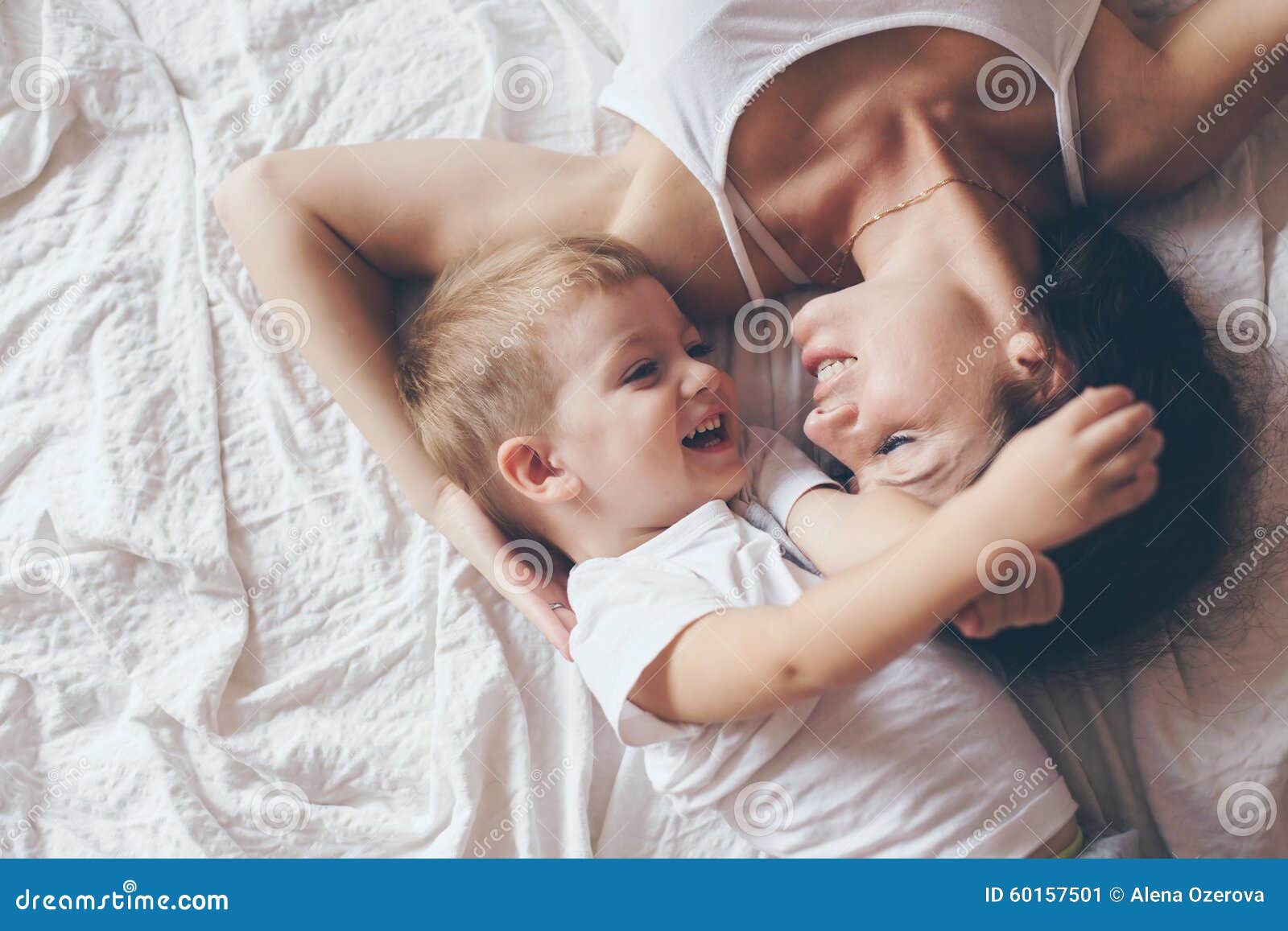 Mom Relaxing With Her Little Son Stock Image Image Of Bedding Still 60157501
