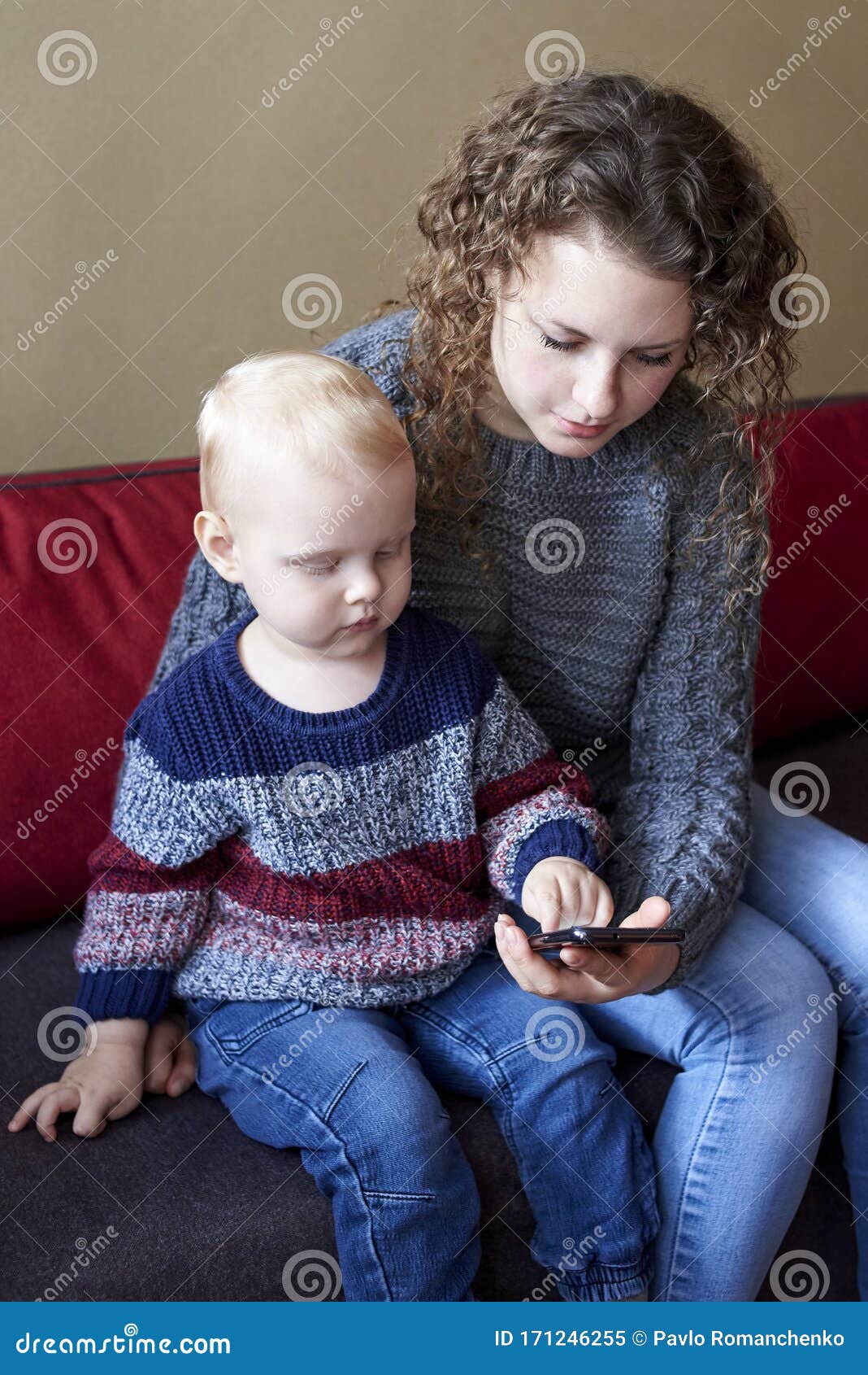 Mom Shows Her Little Son How To Use A Mobile Phone Stock Image Image