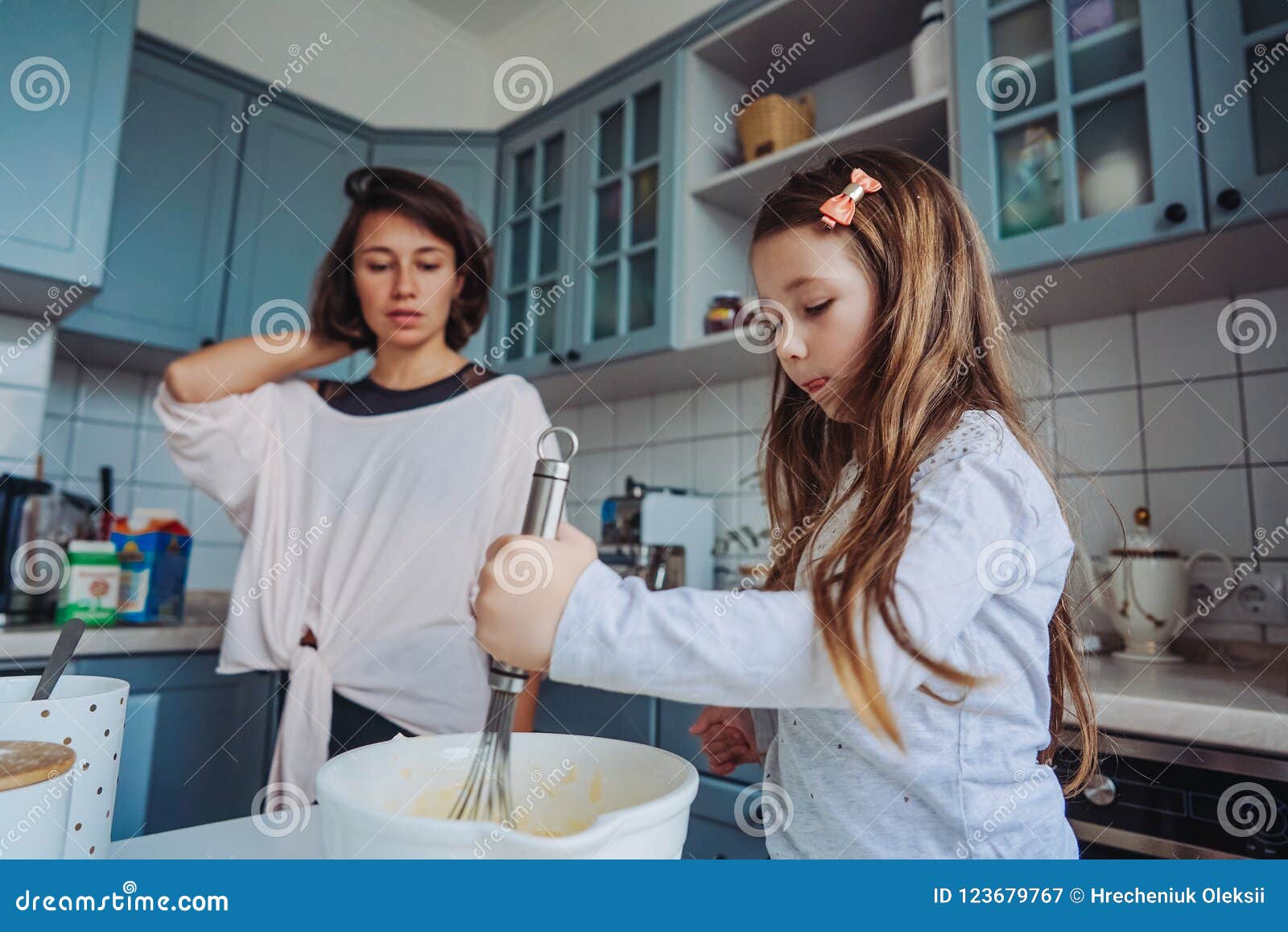 Mom Teaches Her Little Daughter To Cook Food Stock Image Image Of