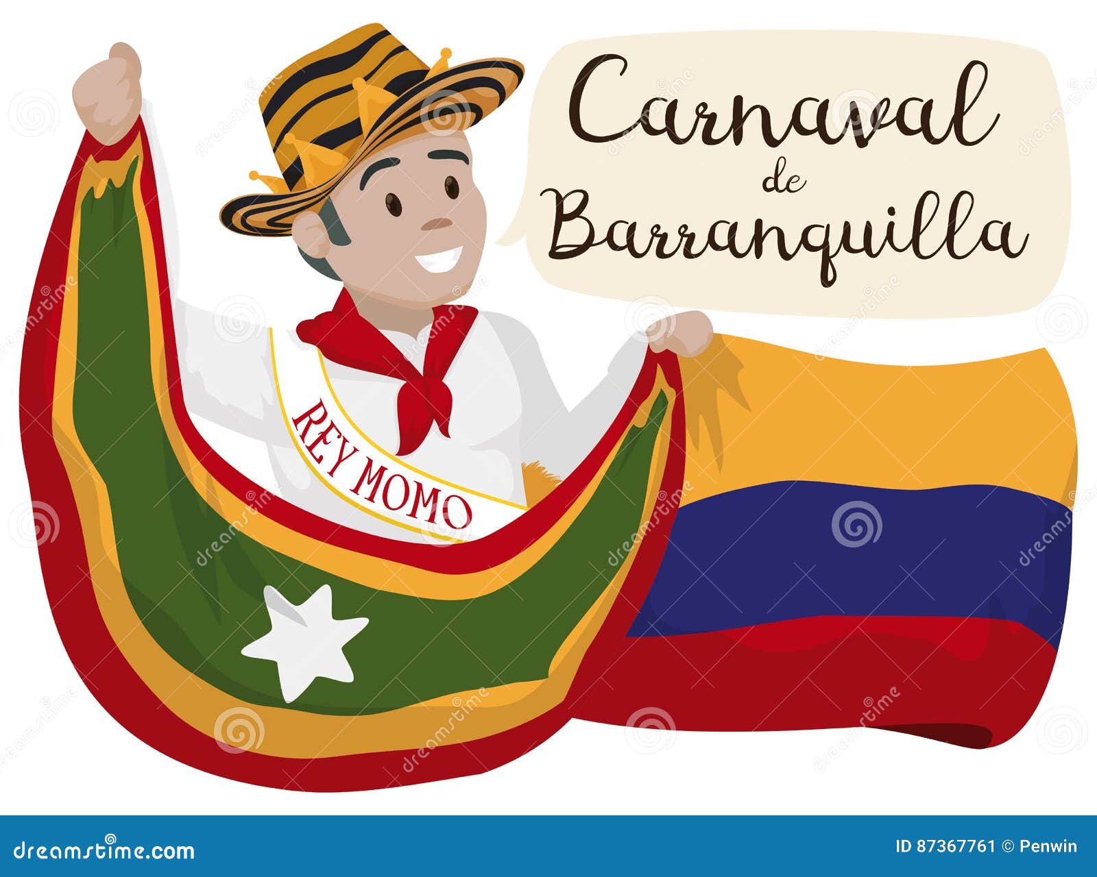 momo king celebrating barranquilla`s carnival with colombia and barranquilla flags,  