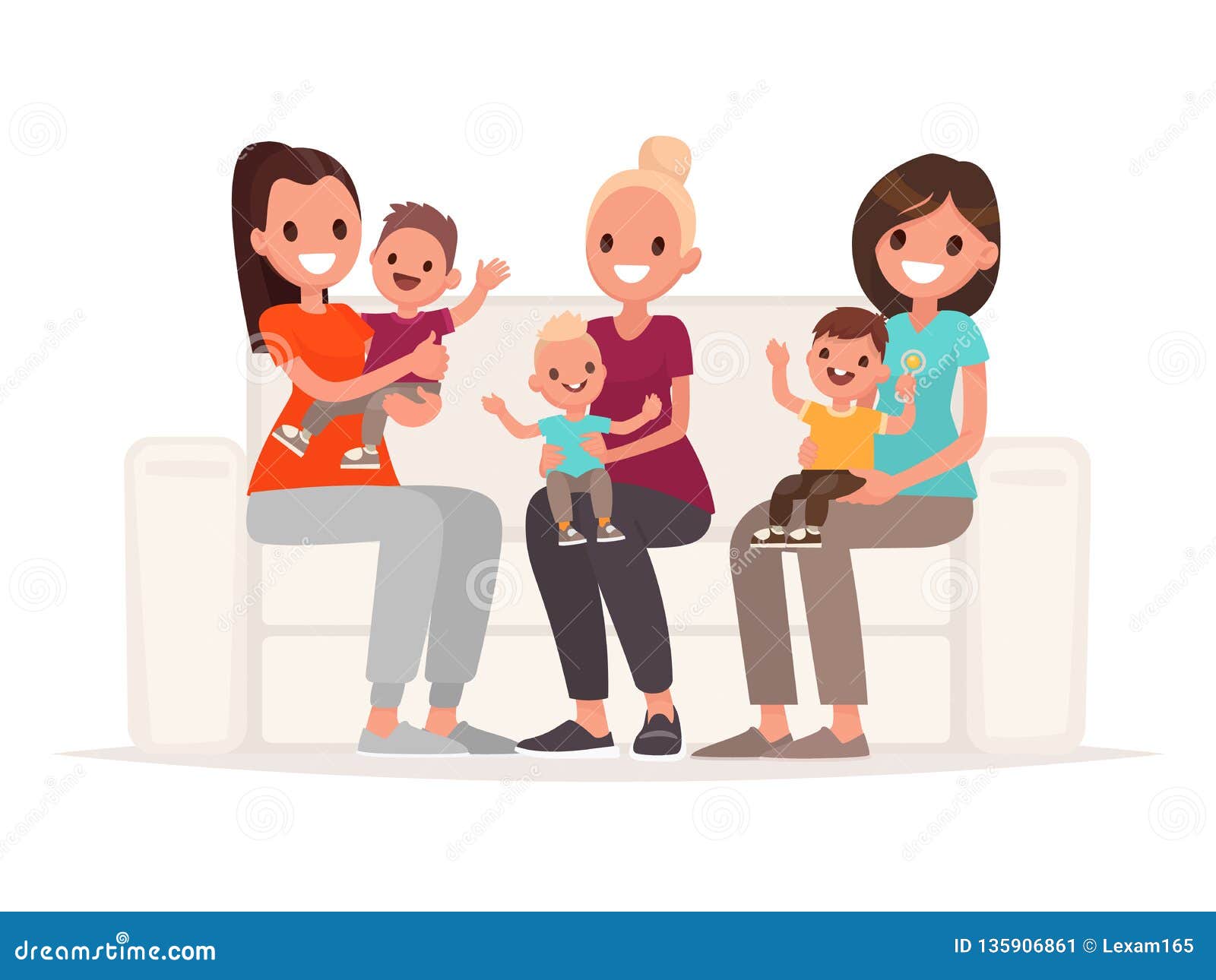 moms are holding babies in their arms while sitting on the sofa. communication of young mothers