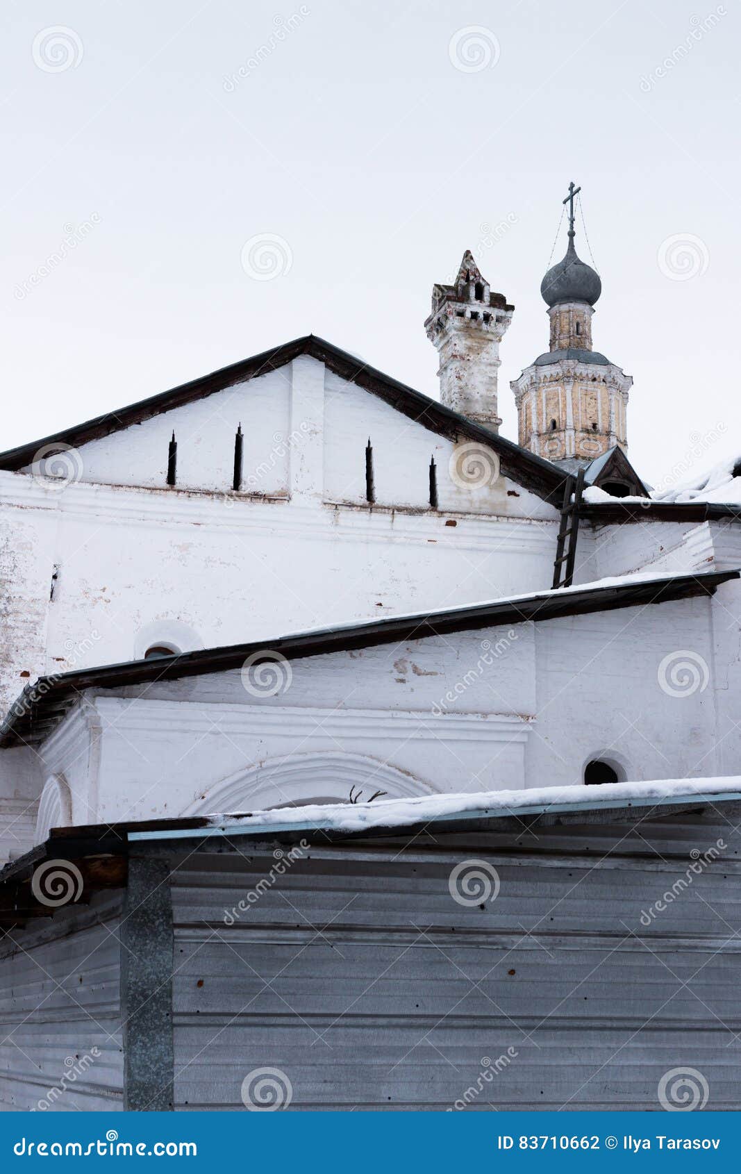 Monastero di Spaso-Priluckiy nell'inverno Vologda. Monastero di Spaso-Priluckiy nell'inverno Cattedrale di Spassky Vista dei tetti, delle cupole e degli incroci Particolare della facciata Vologda Viaggio Russia del nord Architettura antica Monastero di Priluki del salvatore nel giorno gelido di inverno