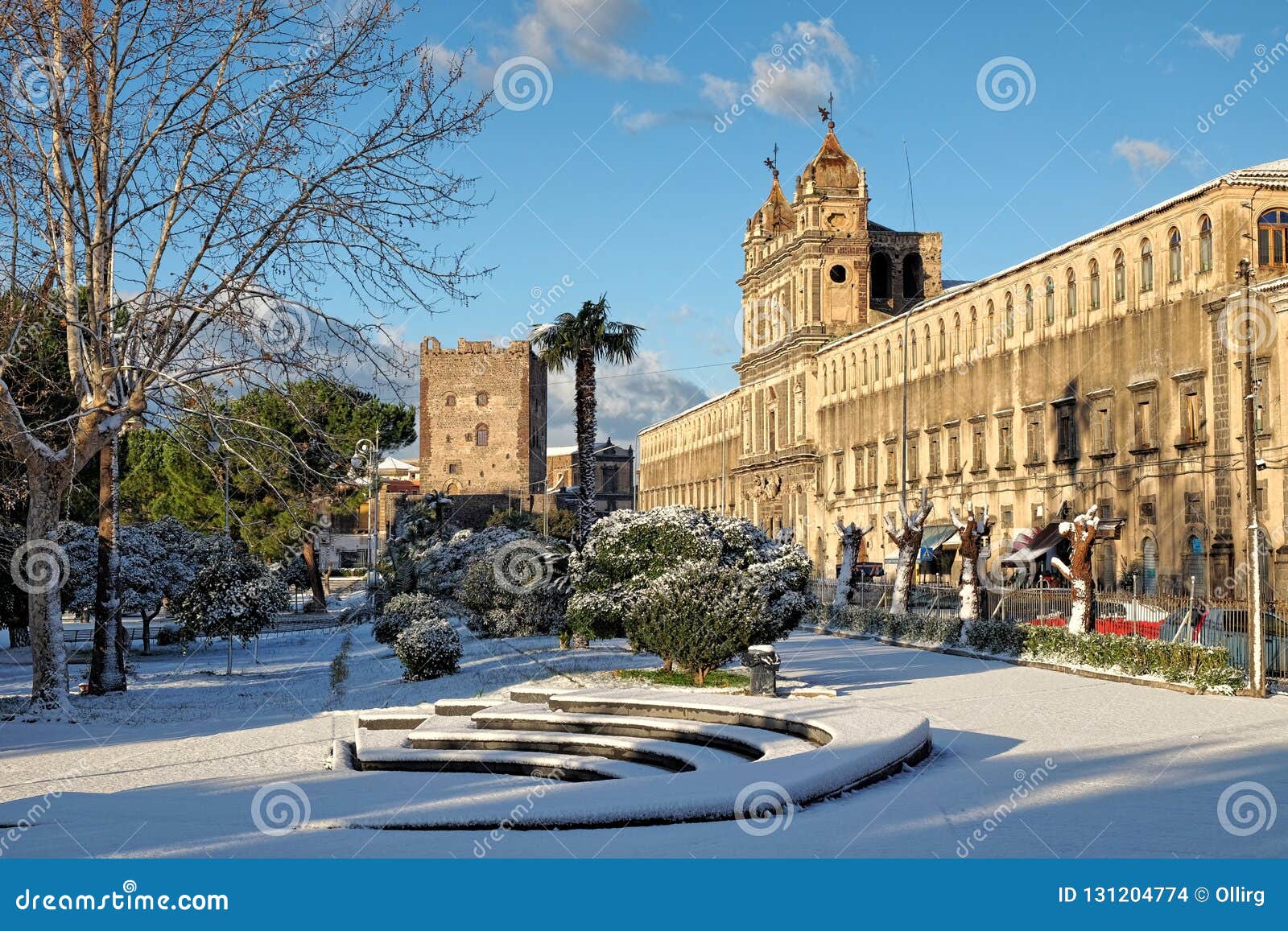 monastery of st. lucy and norman castle of adrano under the snow