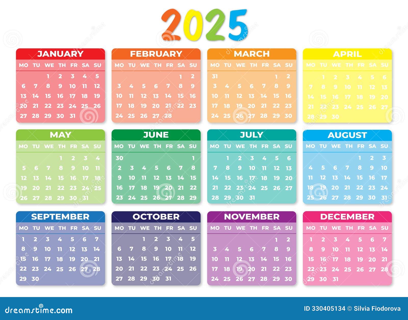 2025 Monday Start Landscape Color Calendar Stock Illustration