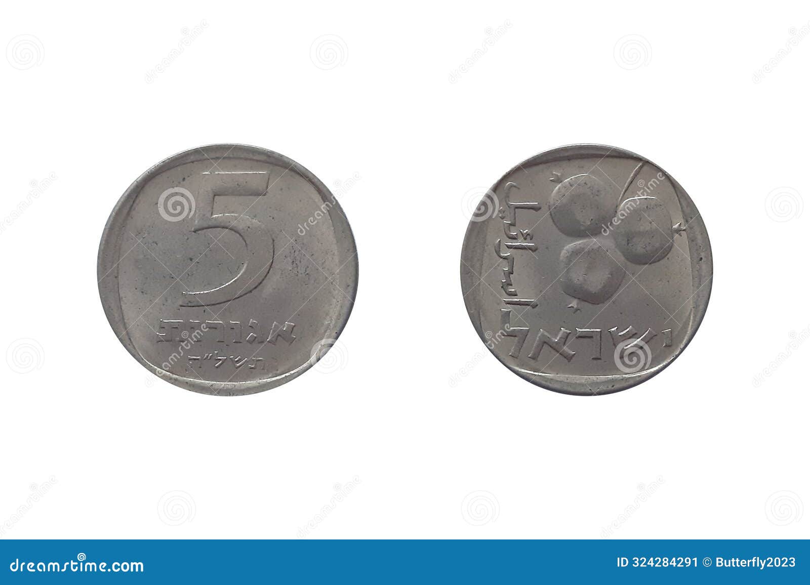 5 agorot 1975 on white background. coin of israel