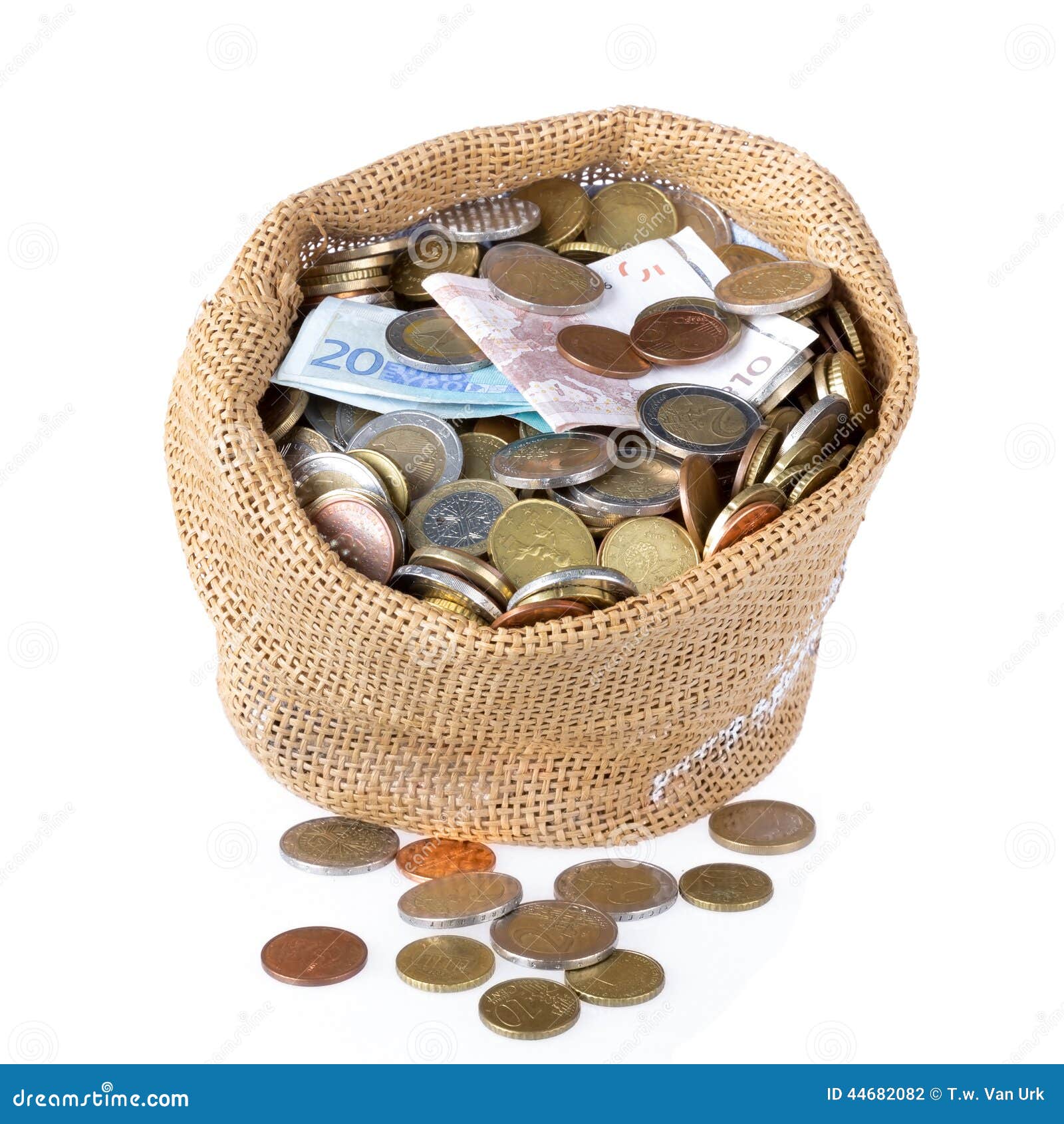 Money Bag with Coins and Banknotes Isolated Over White Stock Photo