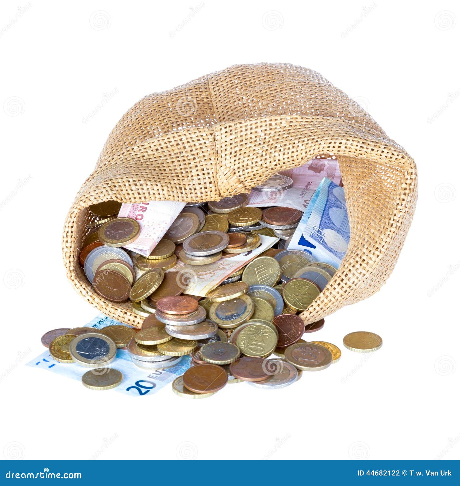 Money Bag With Coins And Banknotes Isolated Over White Stock Photo