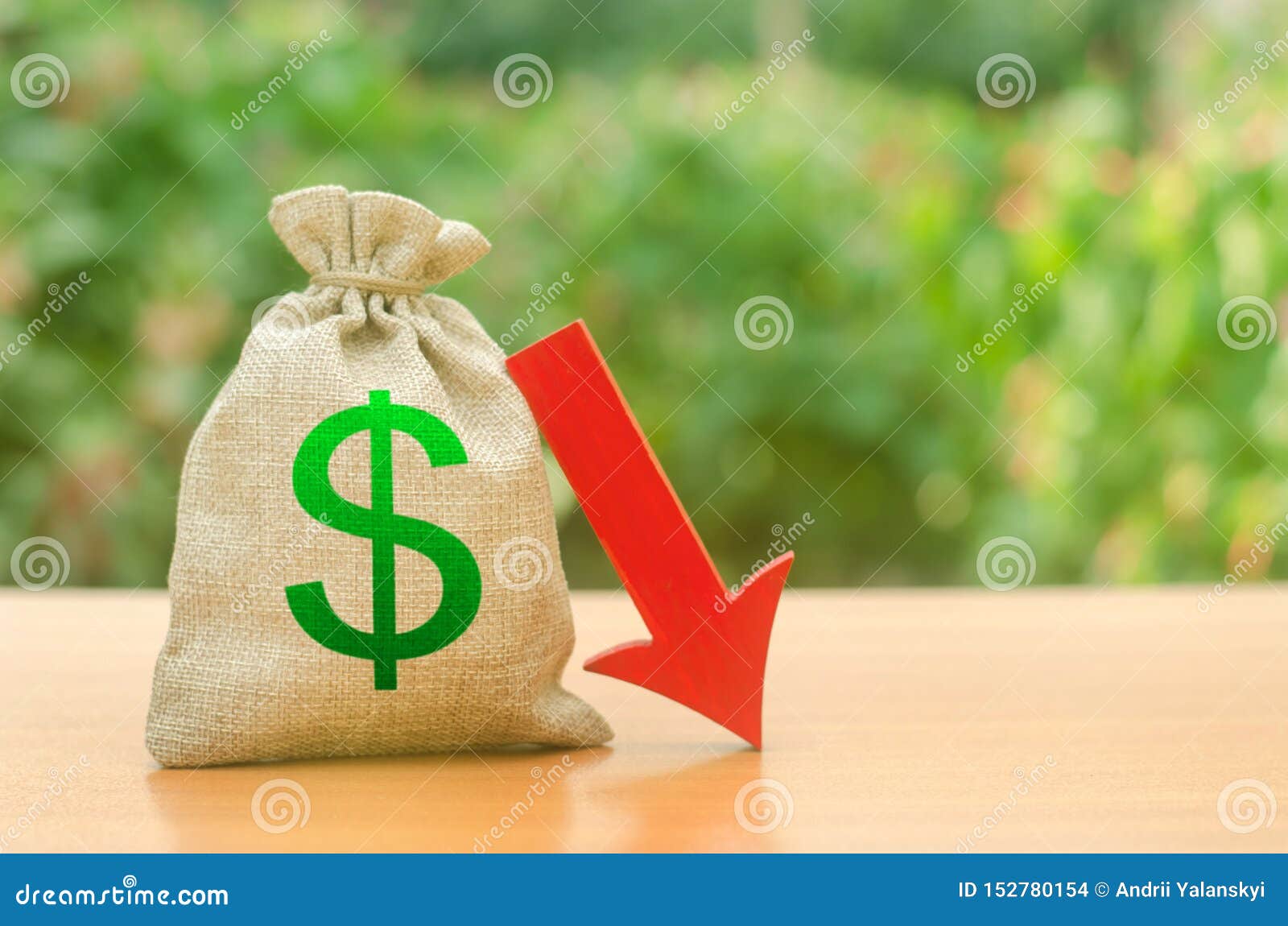 money bag with dollar  and red arrow down. reduced profits and liquidity of investments. reduced tax revenues