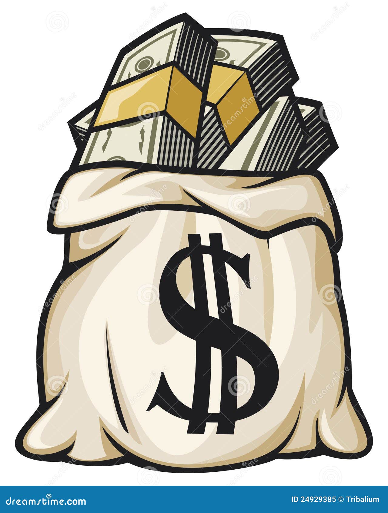 Bag full money with dollar sign, gold coins, - Stock