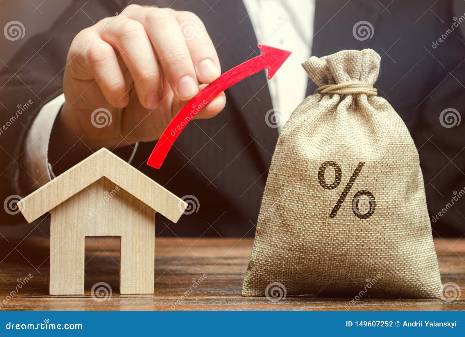 money bag with percents, up arrow and house. the concept of high interest rates on mortgage loans or rentals. the percentage of