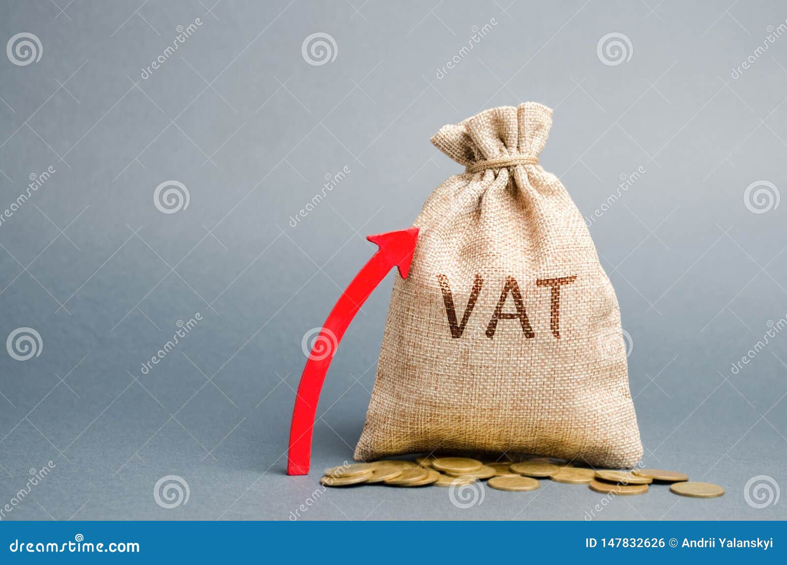 money bag and red up arrow. the concept of increasing vat tax. tax burden on business consumers. vat refund and double taxation