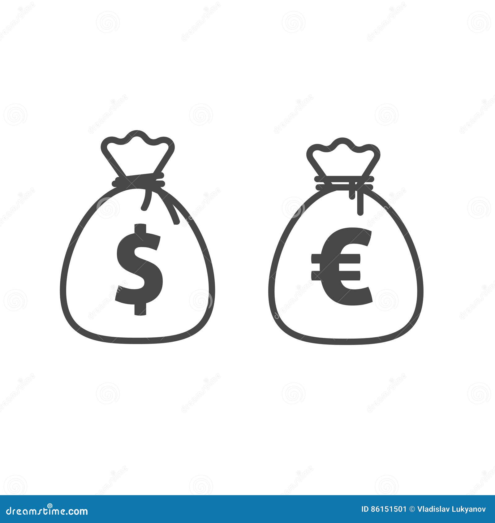 money bag  icon line outline style, dollar and euro currency moneybag