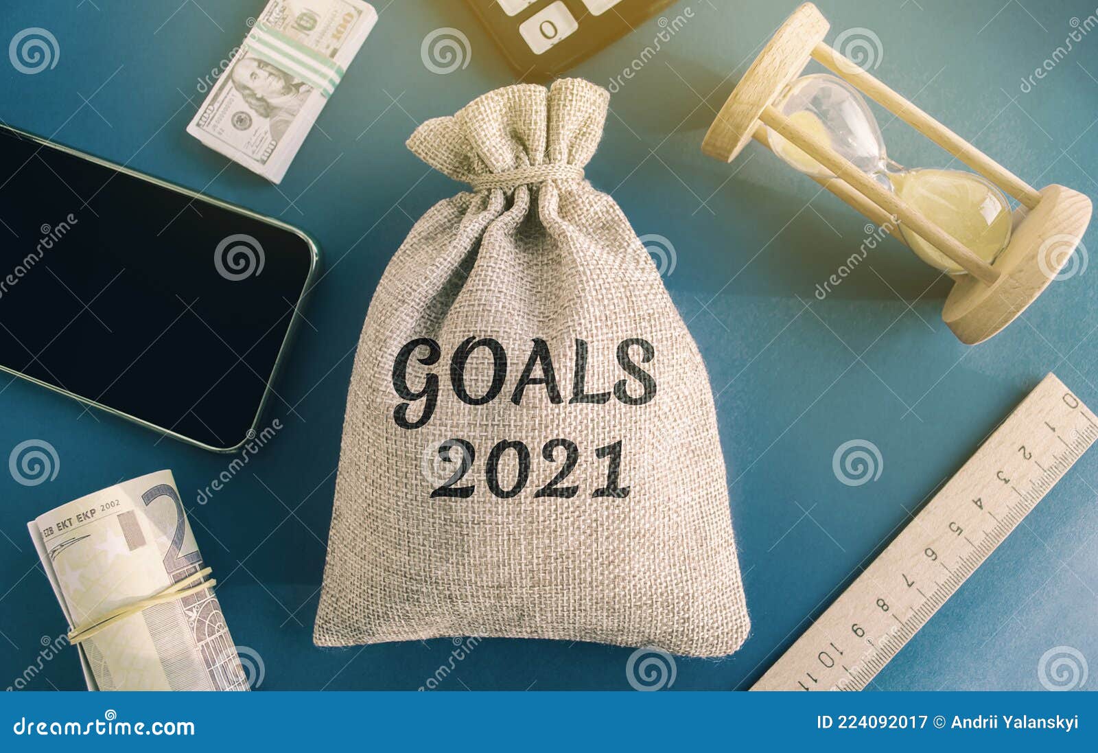 money bag with the word goals 2021. the concept of achieving business goals. execution of a business plan. purposefulness.
