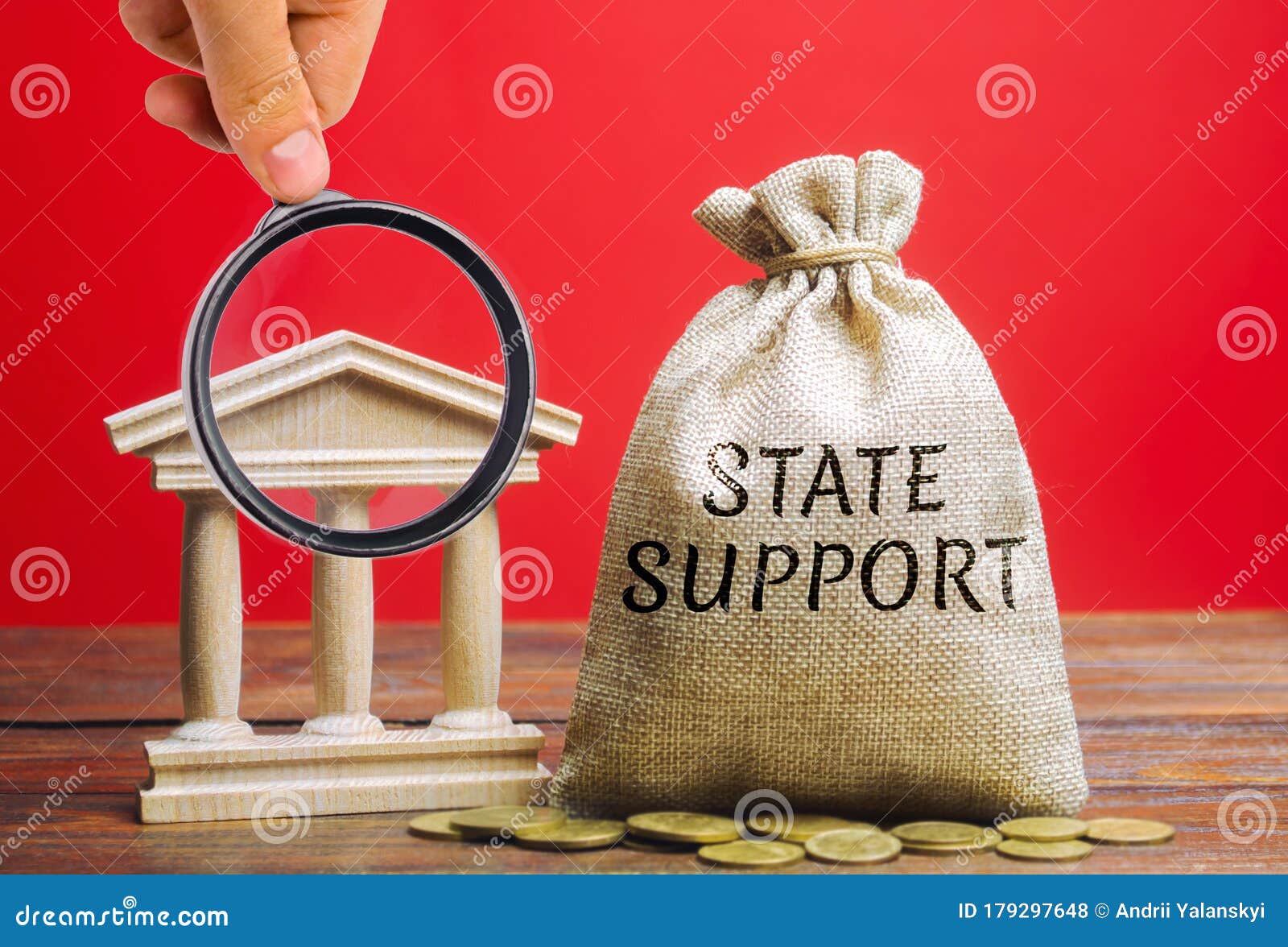money bag with the word state support and the bank building. tax relief. protection of manufacturers in the domestic market and