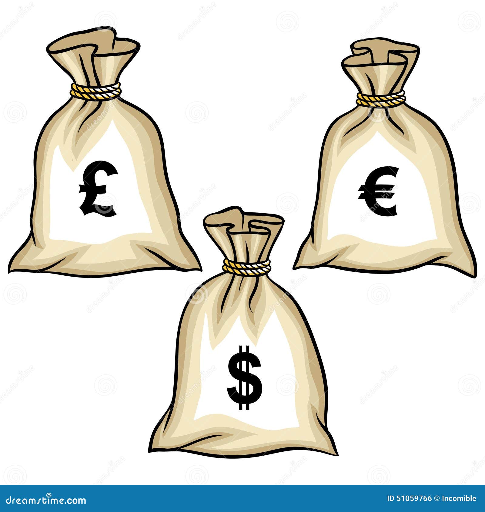 Money Bags with Dollars, Euro and Pound. Vector Stock Vector