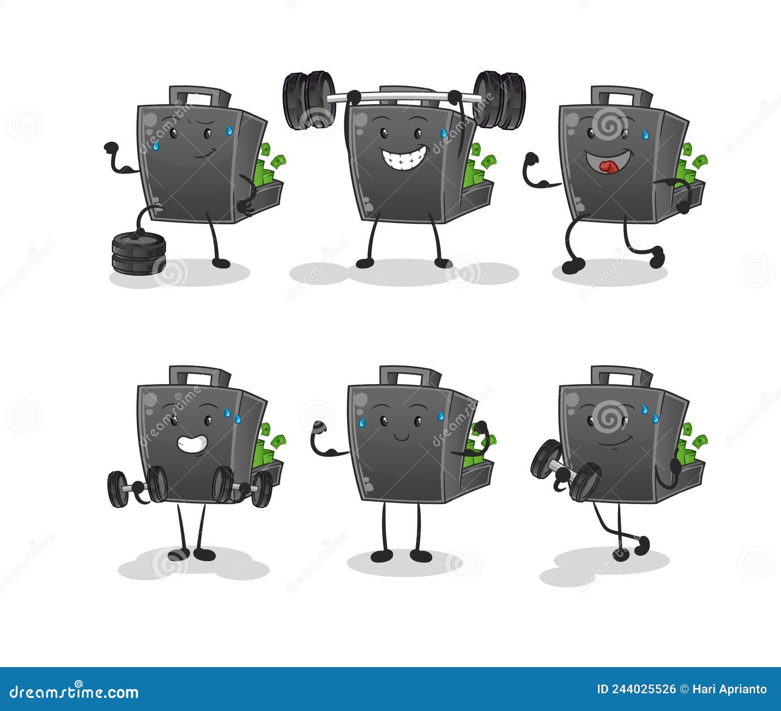 Money Briefcase Exercise Set Character. Cartoon Mascot Vector Stock