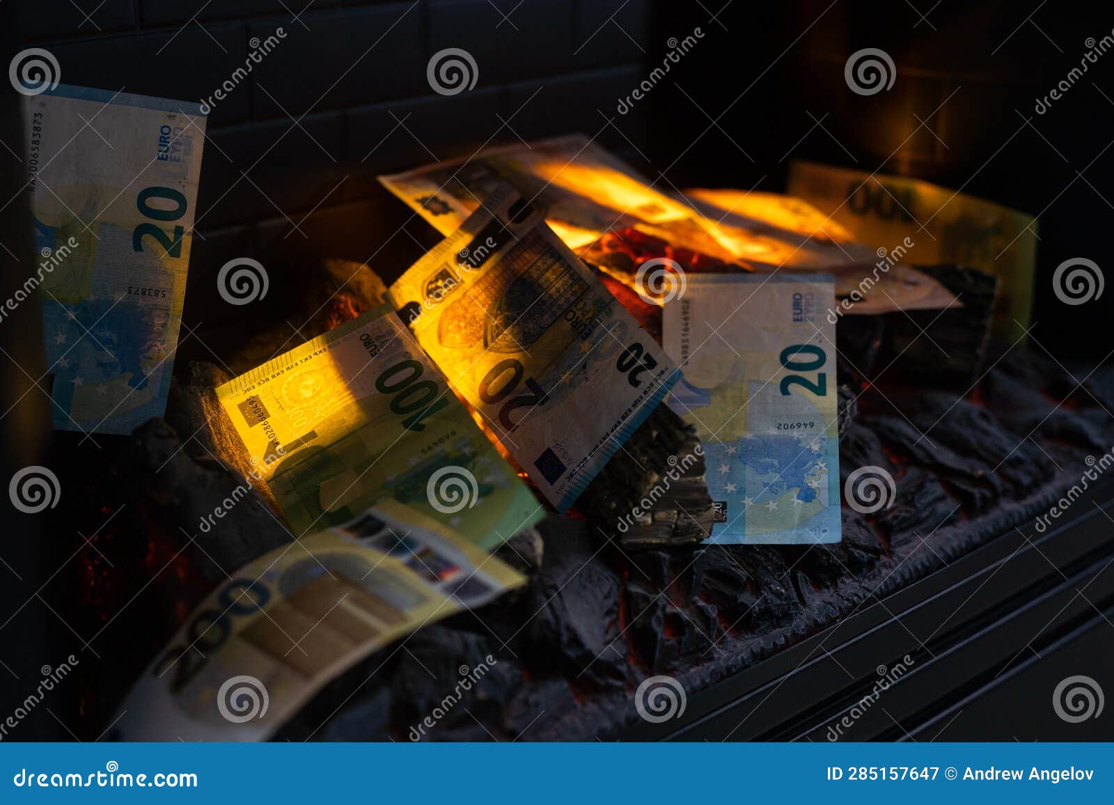 Money Burns. Euro Banknotes Burning in Flames Stock Image Image of