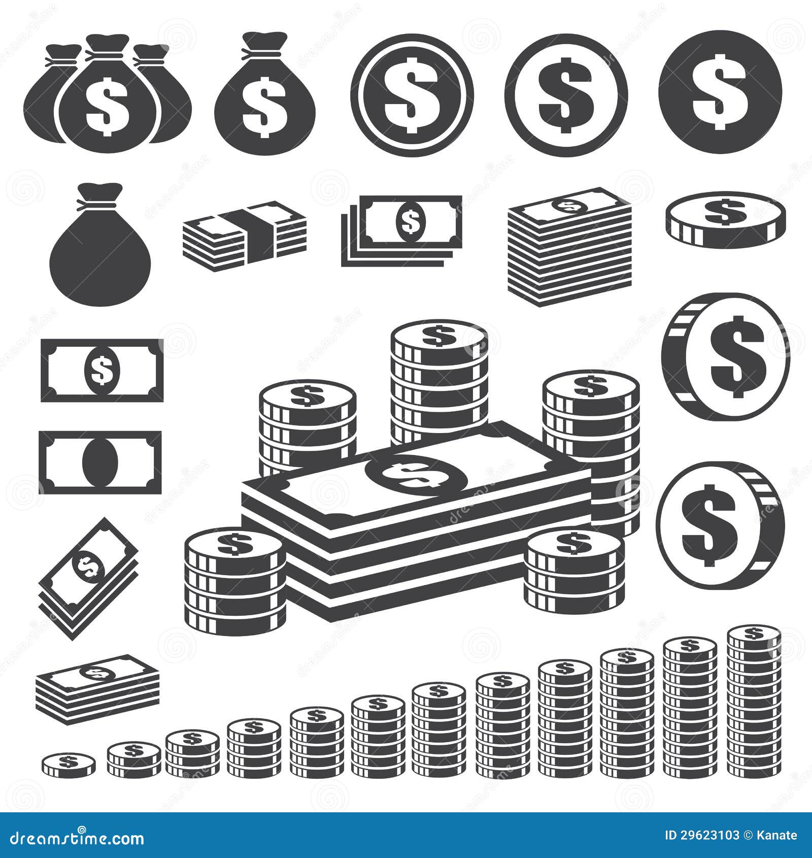 money and coin icon set.