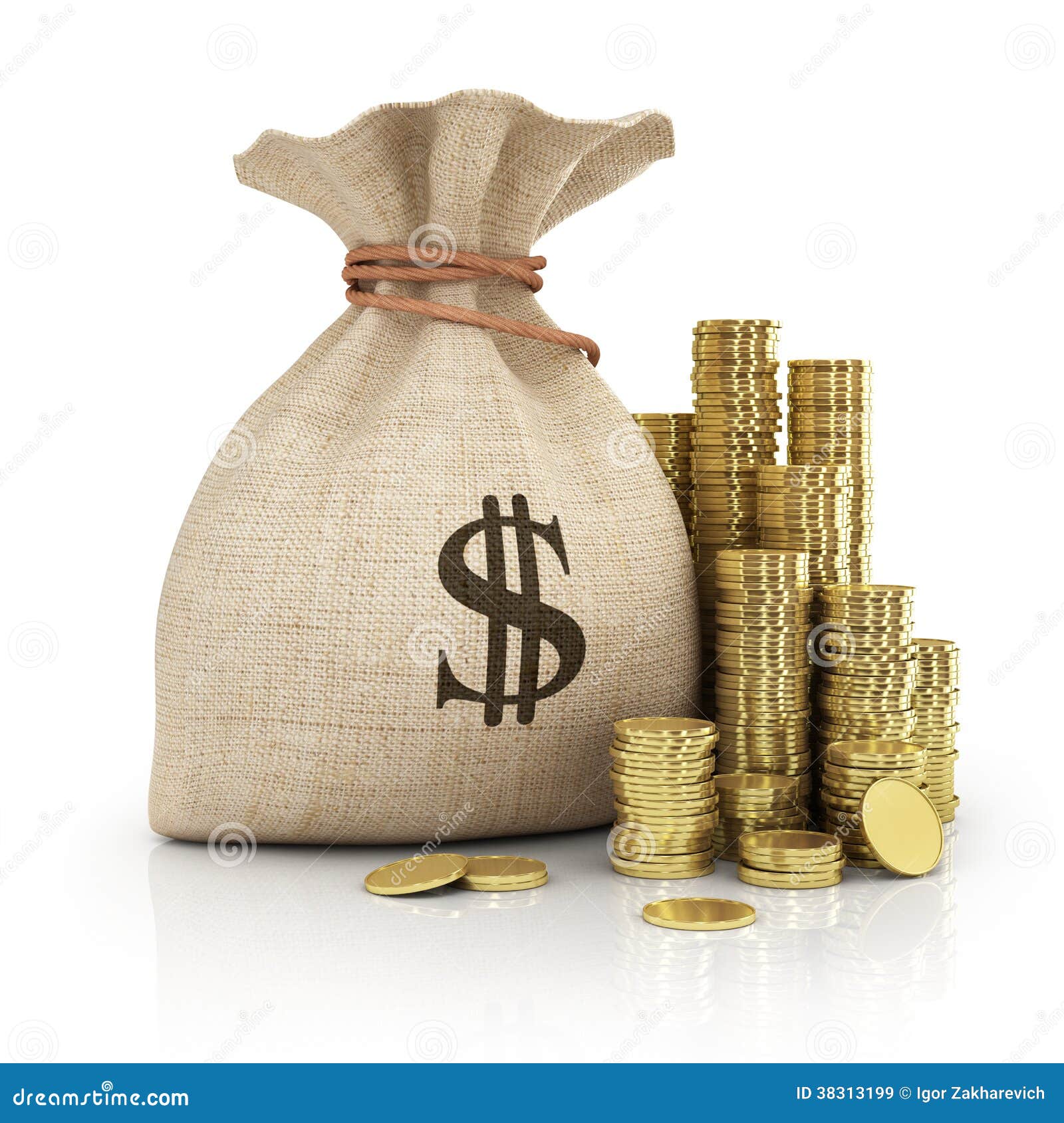 Money coins in bag stock illustration. Illustration of full 38313199