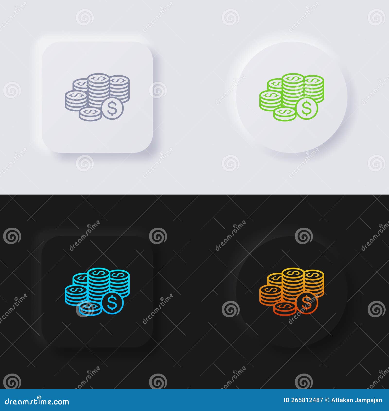 Money Coins Icon Set, Multicolor Neumorphism Button Soft UI Design ...