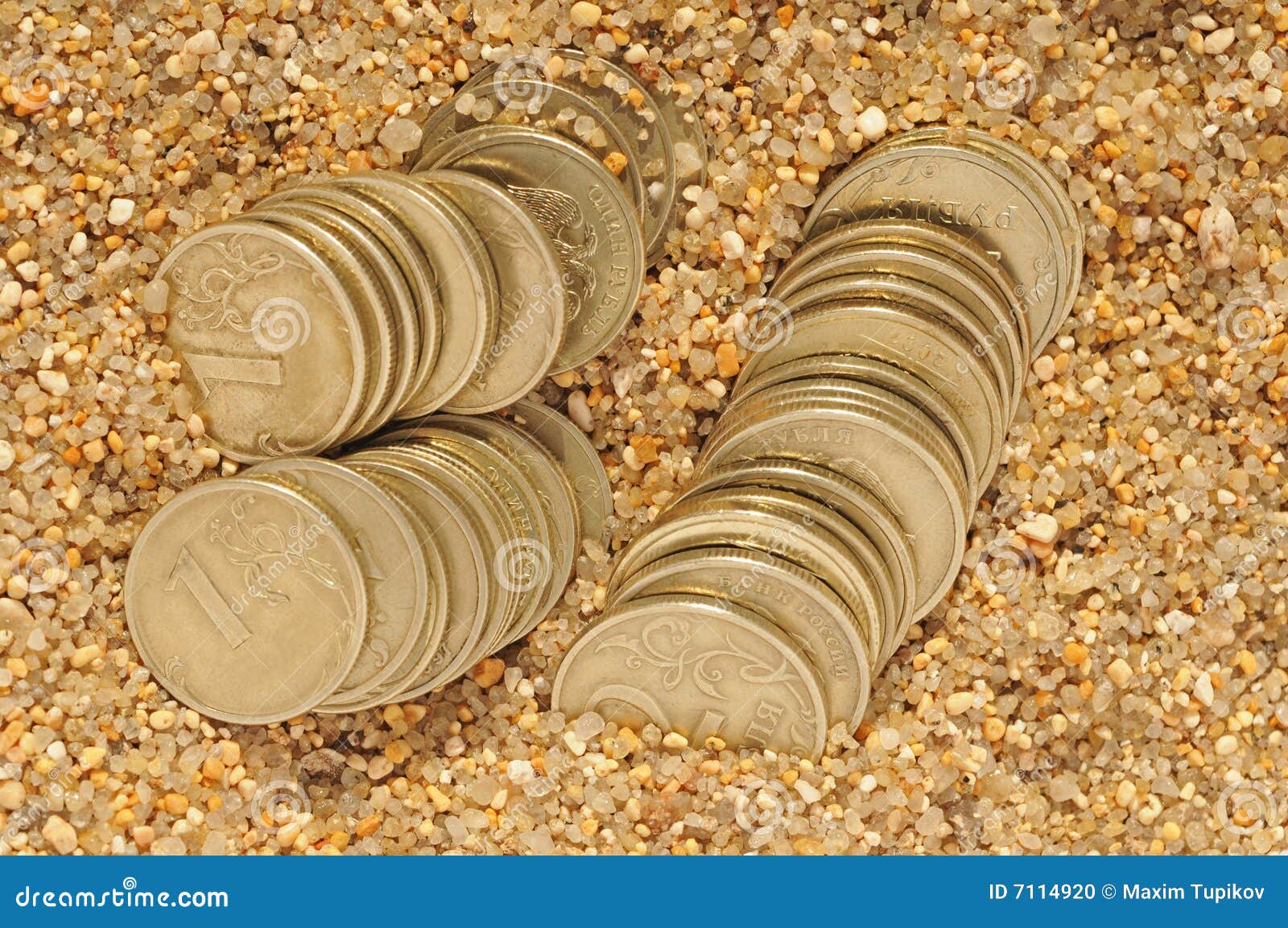 Money Coins in the Sand Time is Money Concept Stock Photo Image of