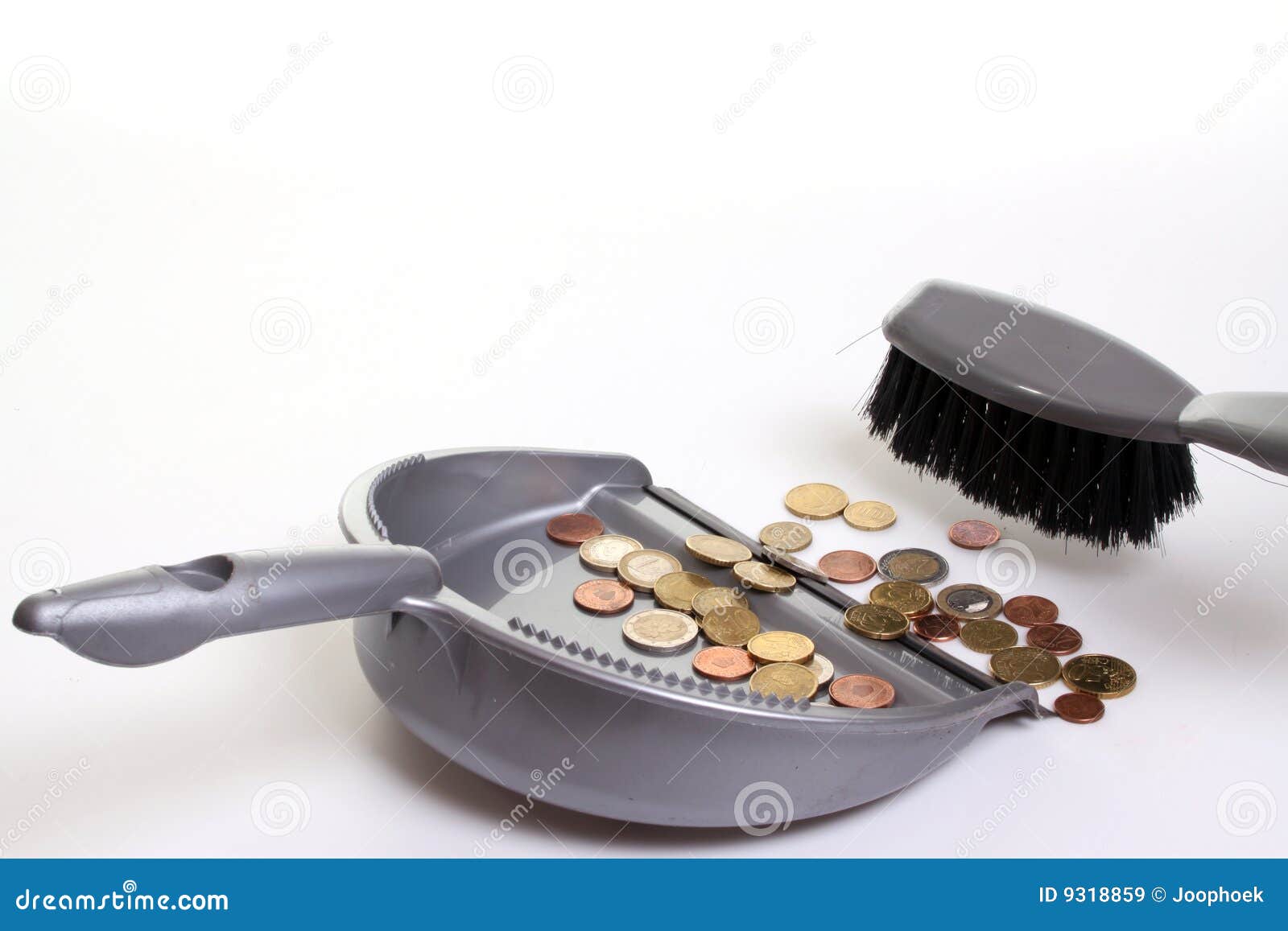 Money collector. Dustpan and brush as money-collectors against a white background with copy-space