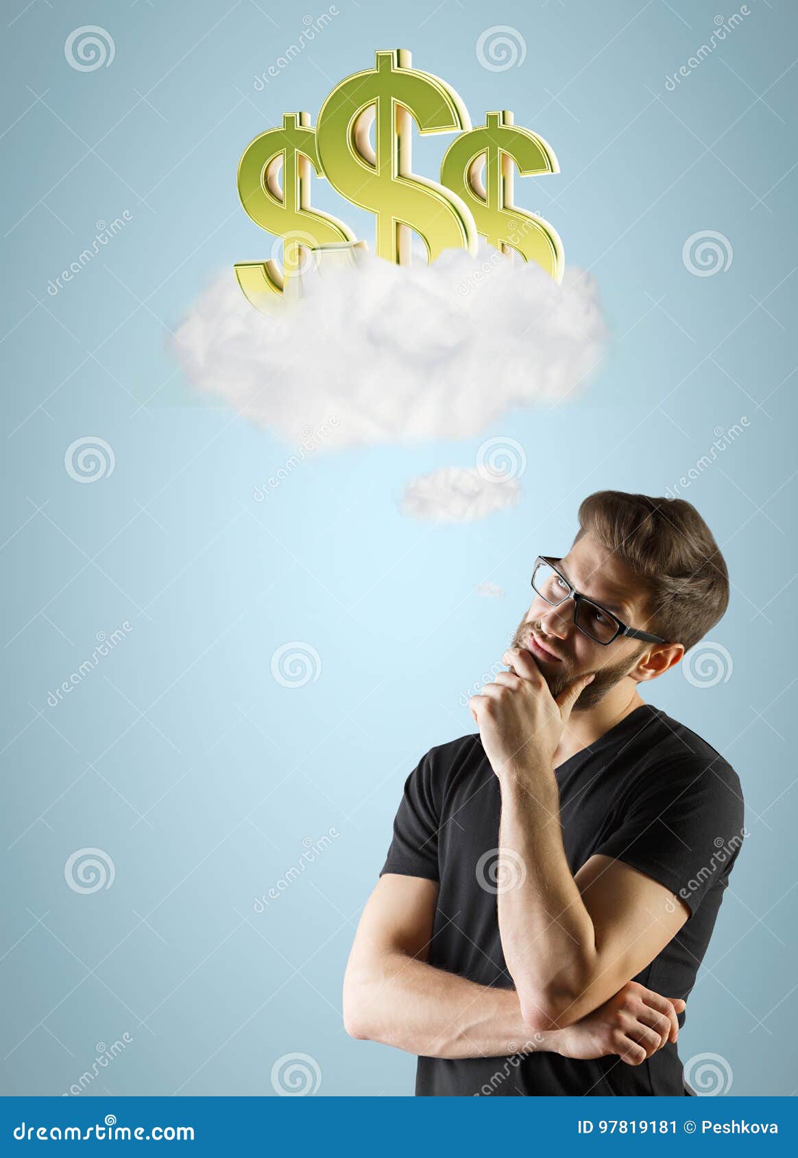 Handsome young european man thinking about golden dollar signs in clouds on blue background. Money concept