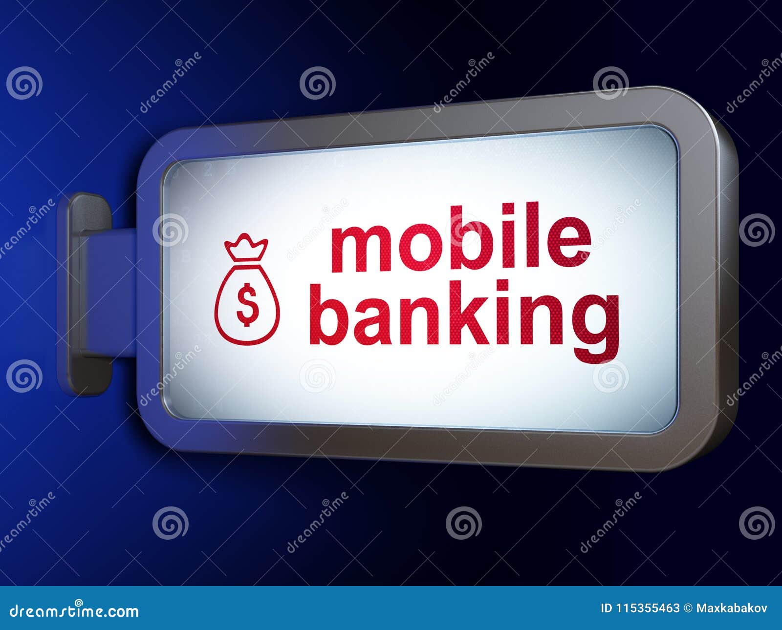 Money Concept: Mobile Banking and Money Bag on Billboard Background ...