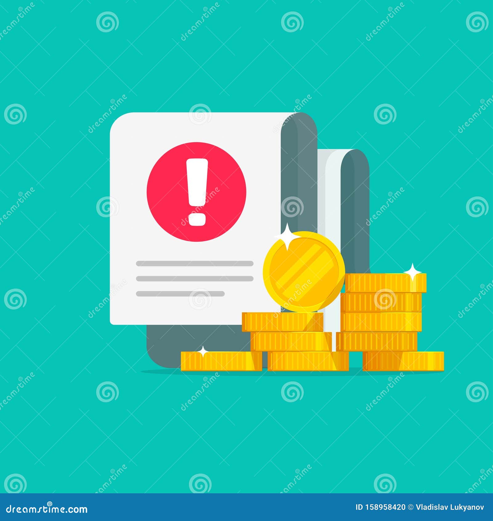 Money Error Warning Alert on Document Bill or Tax Debt Vector, Flat