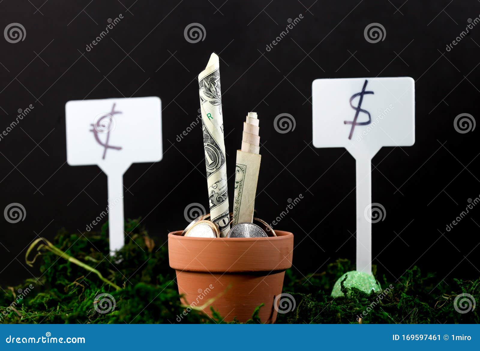Money Groving Inside Pot with Dollar Sign on Side and Euro Sign in Back ...