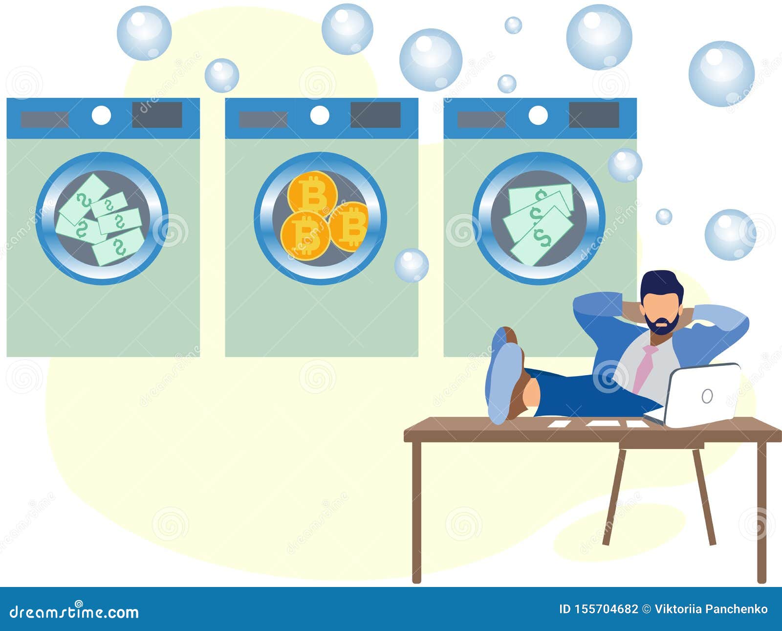 money laundering. a man in dry cleaning erases dolar and bitcoins. in minimalist style cartoon flat raster